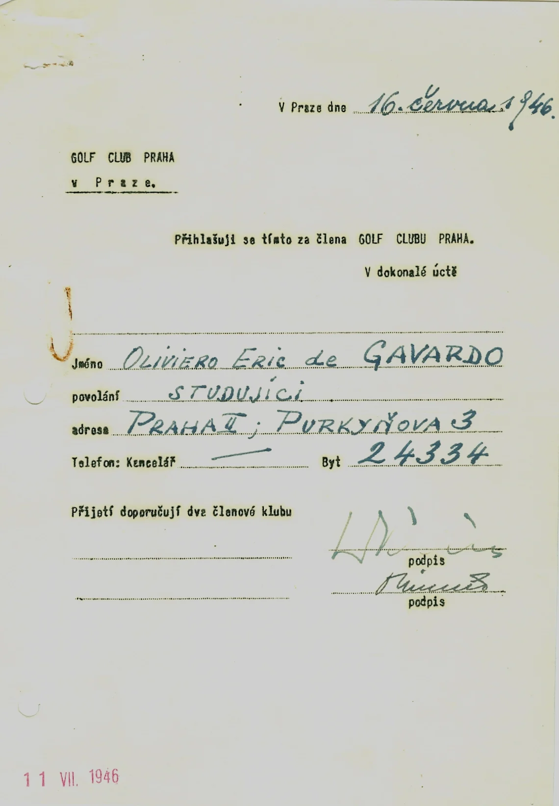 Náhledový obrázek předmětu Přihláška do Golf Clubu Praha (O. E. de Gavardo)
