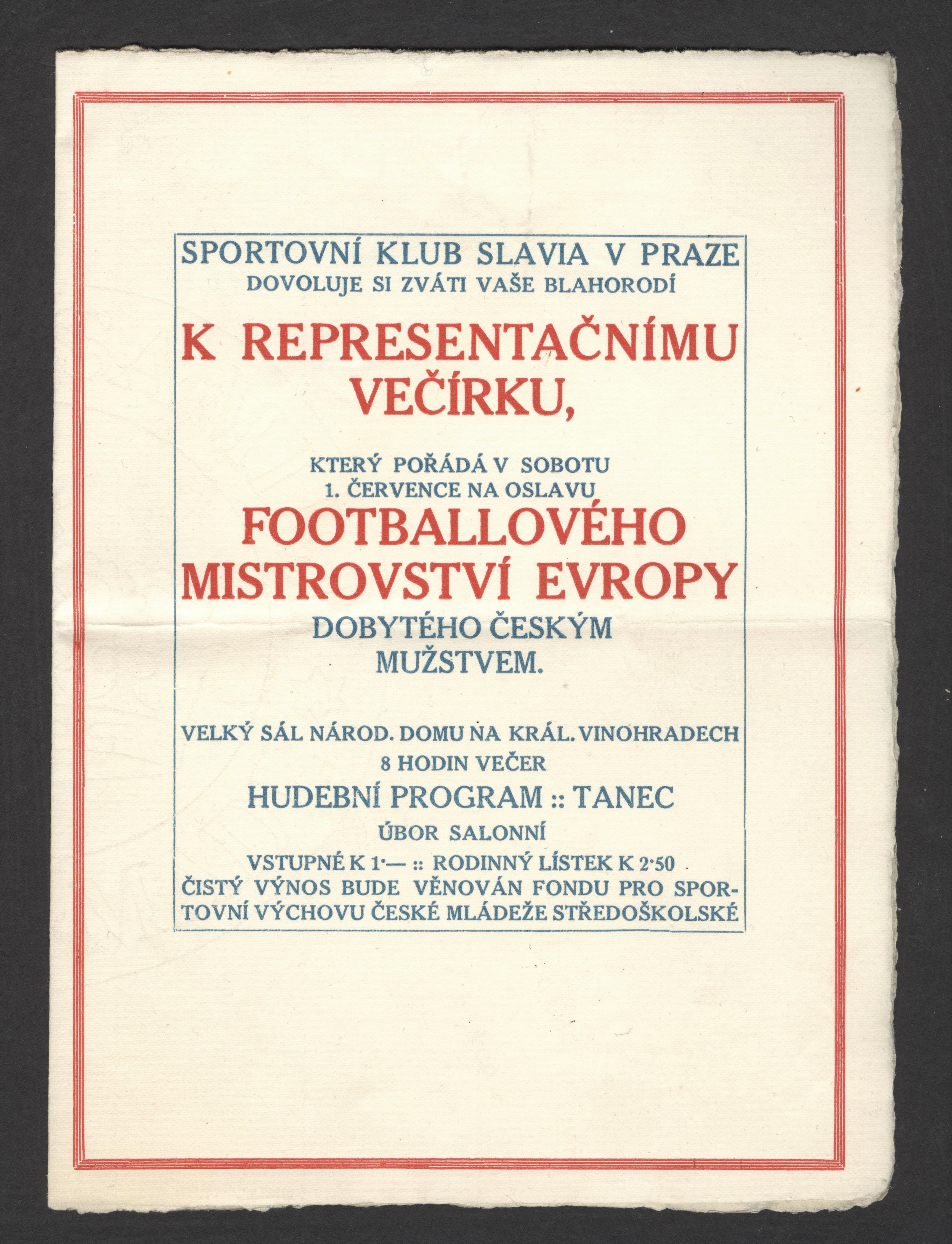 Náhledový obrázek Pozvánka k representačnímu večírku SK Slavia na počest footballového mistrovství Evropy - 1