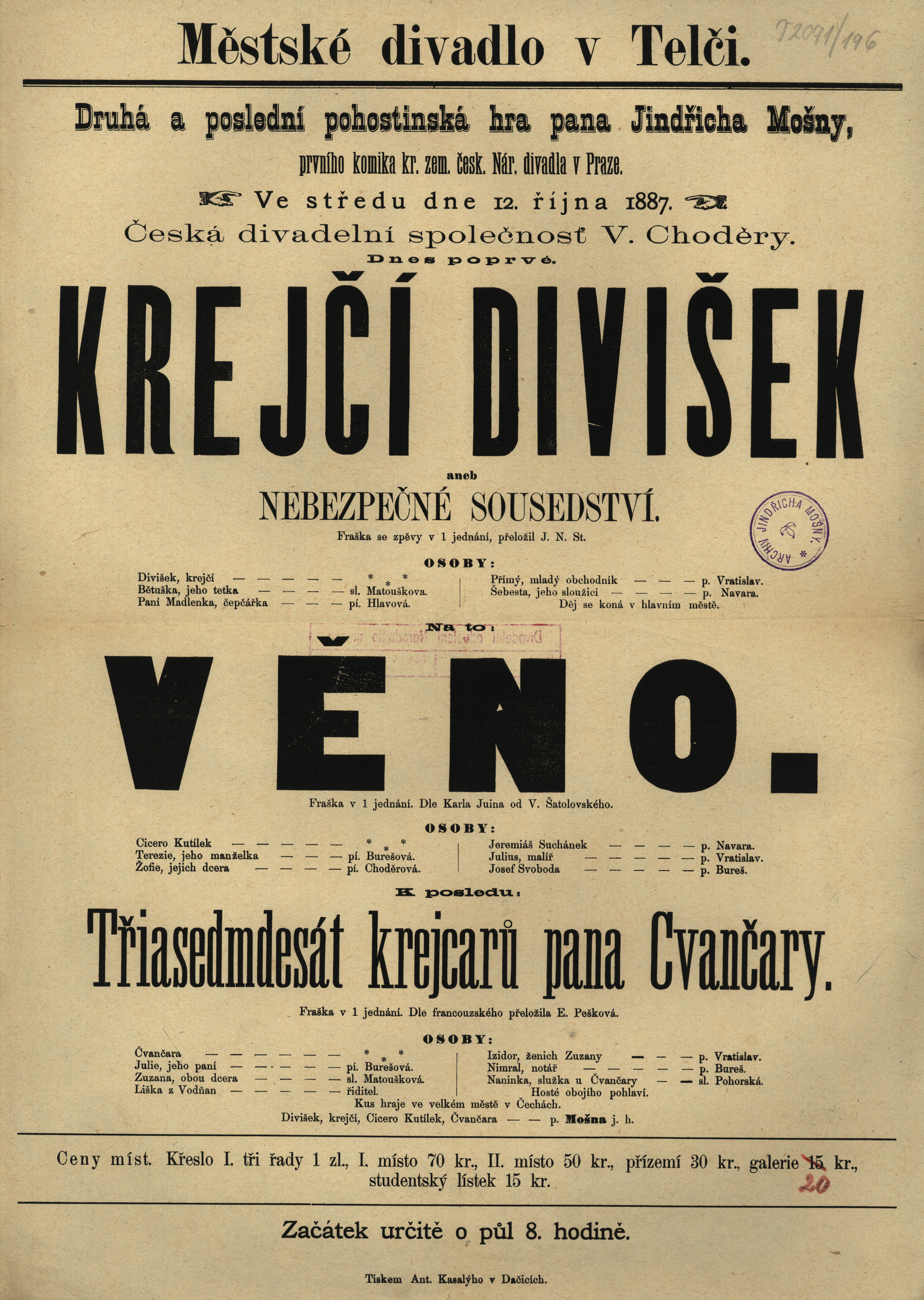 Náhledový obrázek Krejčí Divišek aneb Nebezpečné sousedství, Věno, Třiasedmdesát krejcarů pan Čvančary - 1