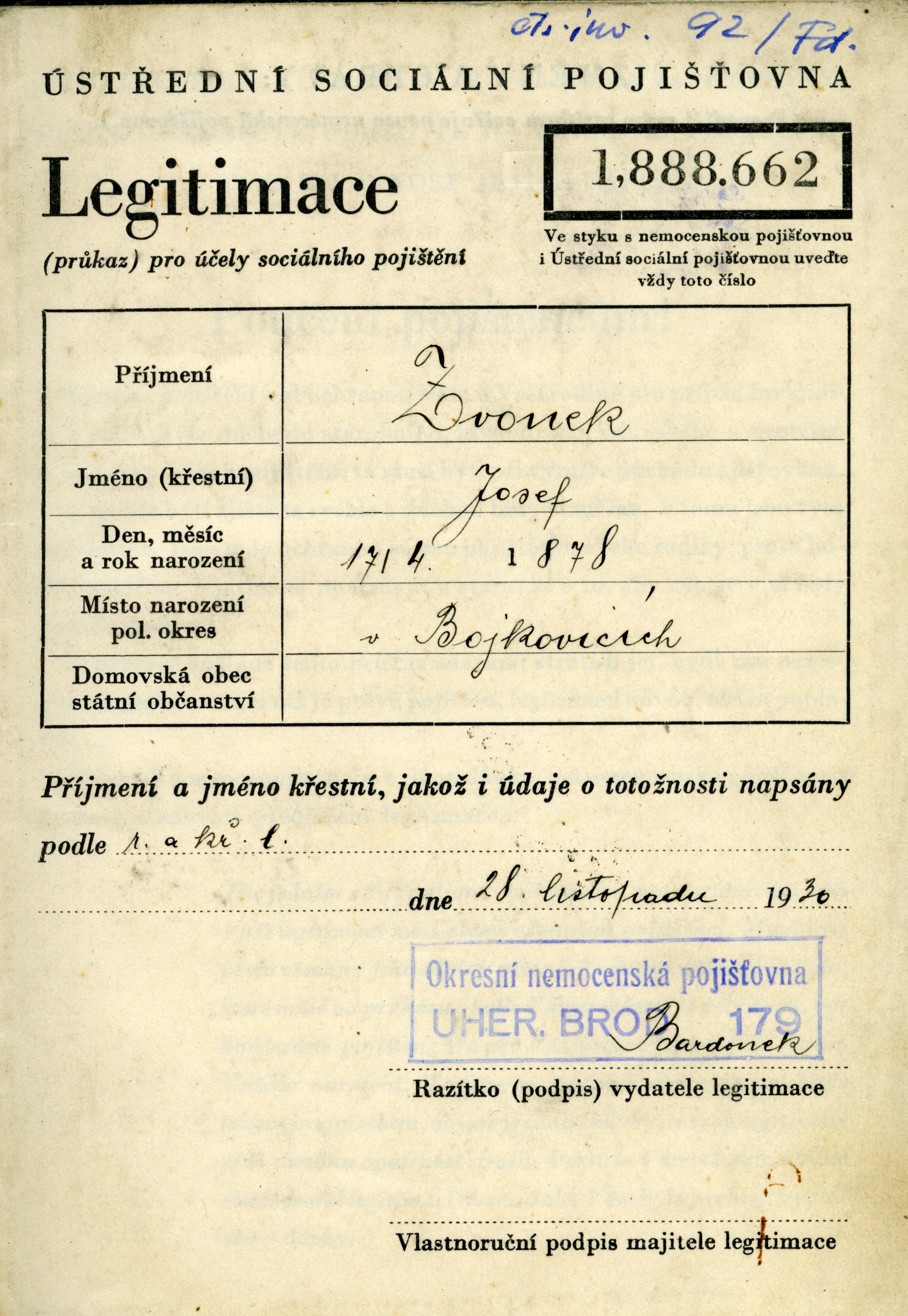 Náhledový obrázek Legitimace pro účely sociálního pojištění - 1