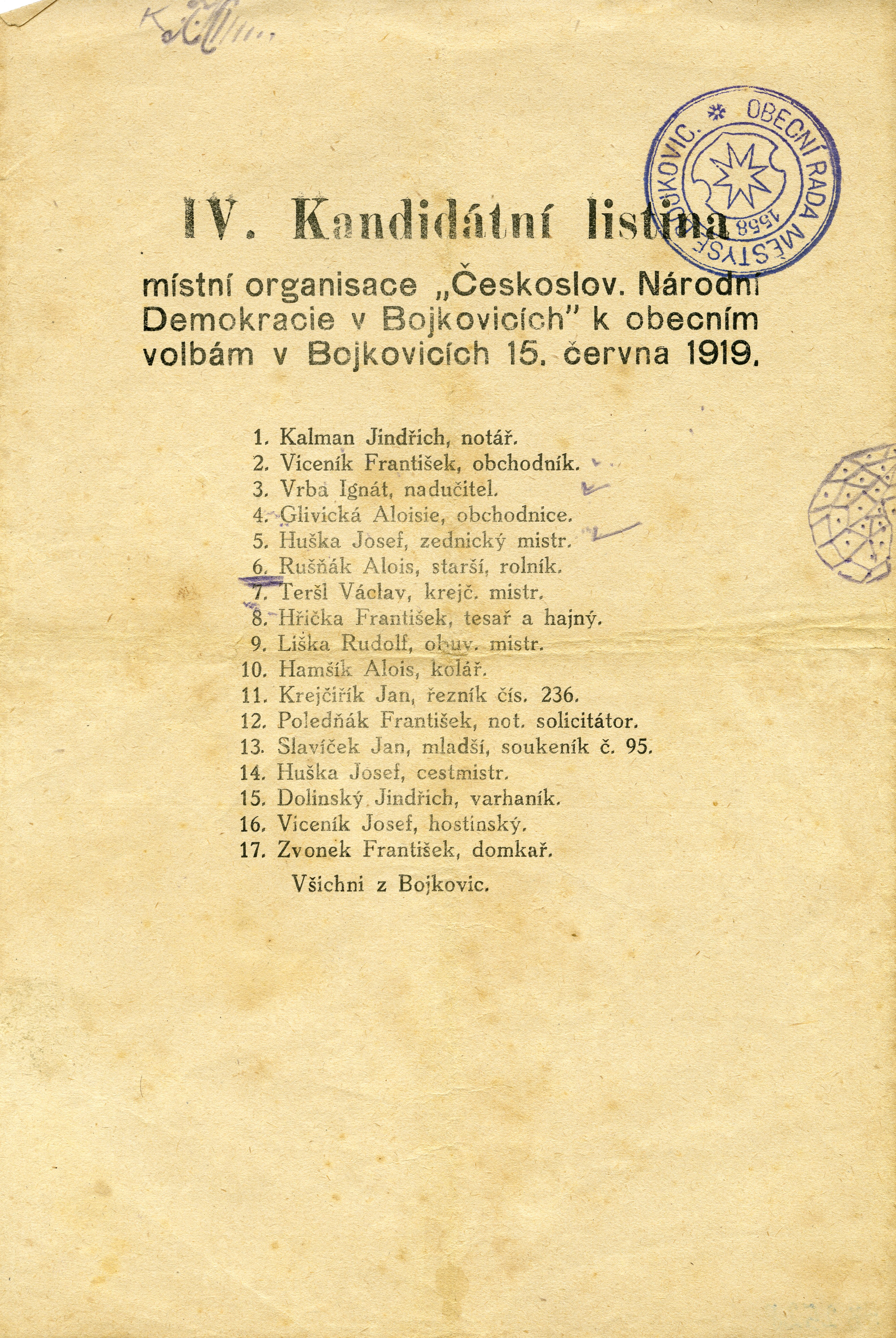 Náhledový obrázek Kandidátní listina Čs. Národní Demokracie - volby 1919 - 1