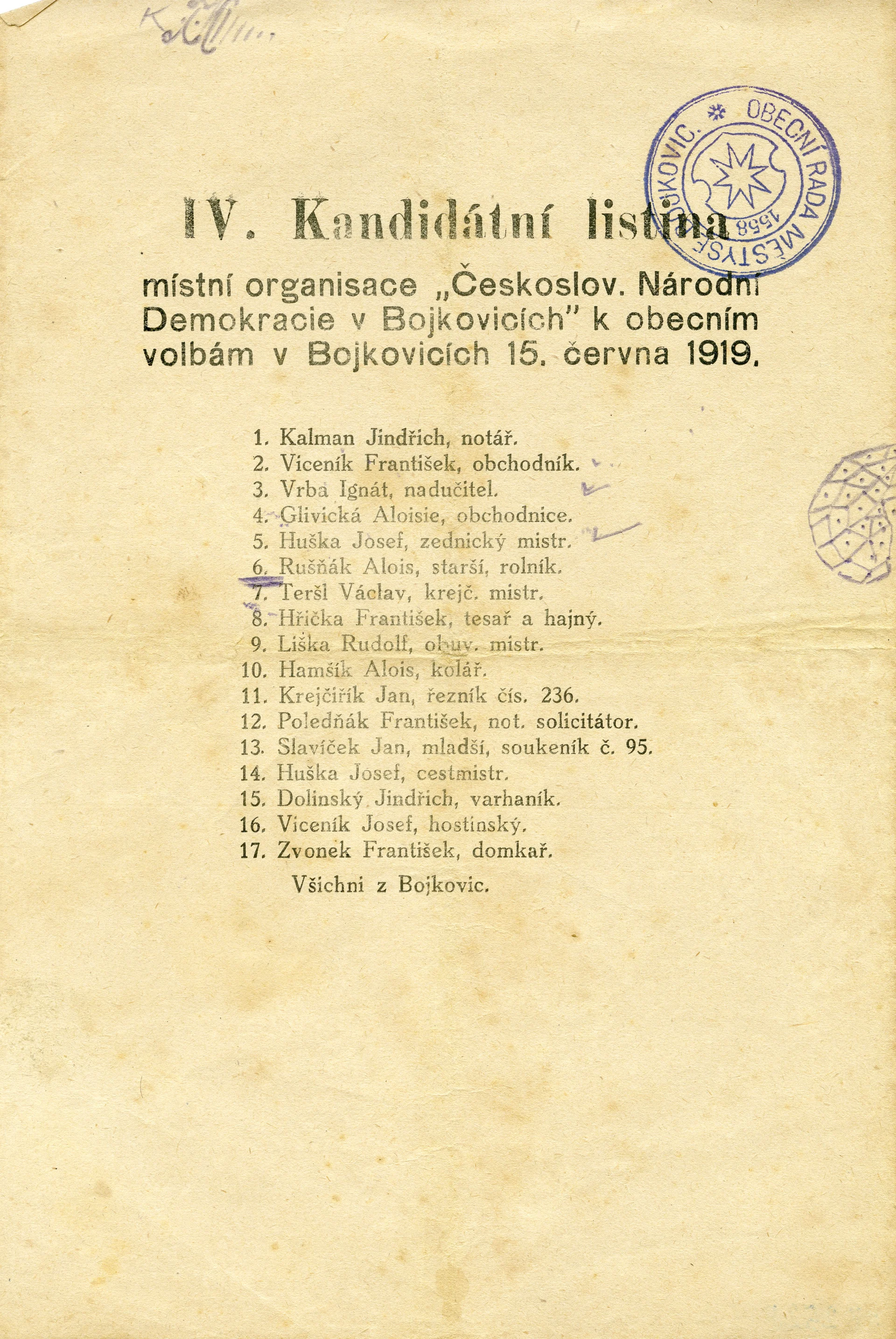 Náhledový obrázek předmětu Kandidátní listina Čs. Národní Demokracie - volby 1919