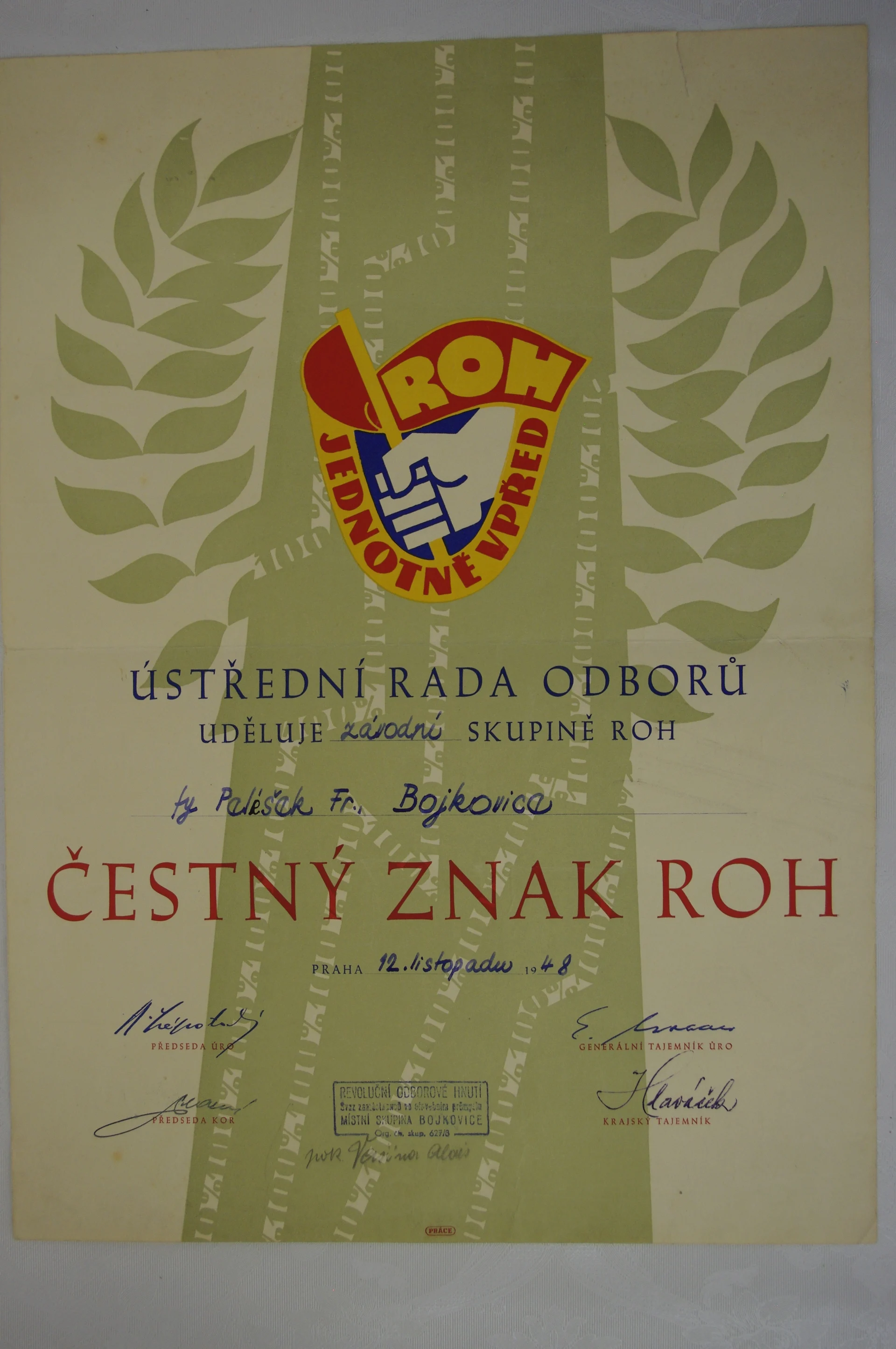 Náhledový obrázek předmětu Dekret k Čestnému znaku ROH