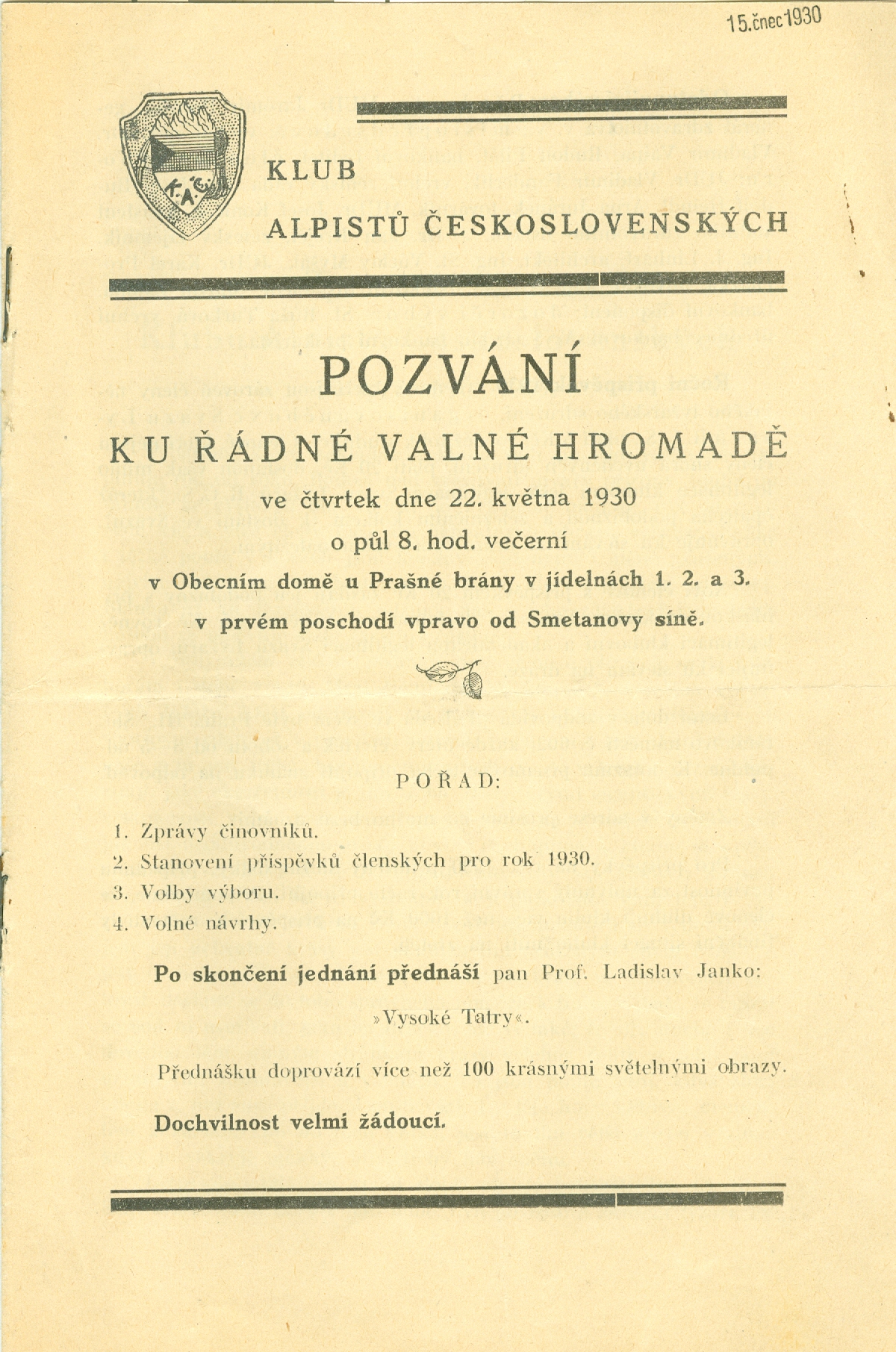 Náhledový obrázek Klub alpistů československých - 1