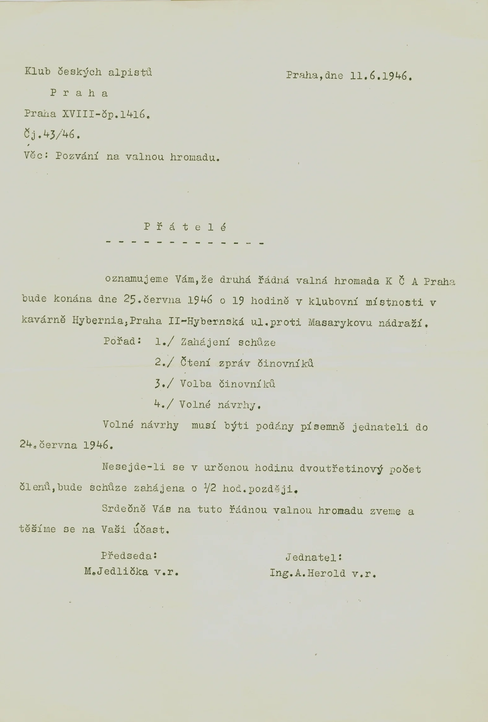 Náhledový obrázek předmětu Pozvání na valnou hromadu Klubu českých alpistů