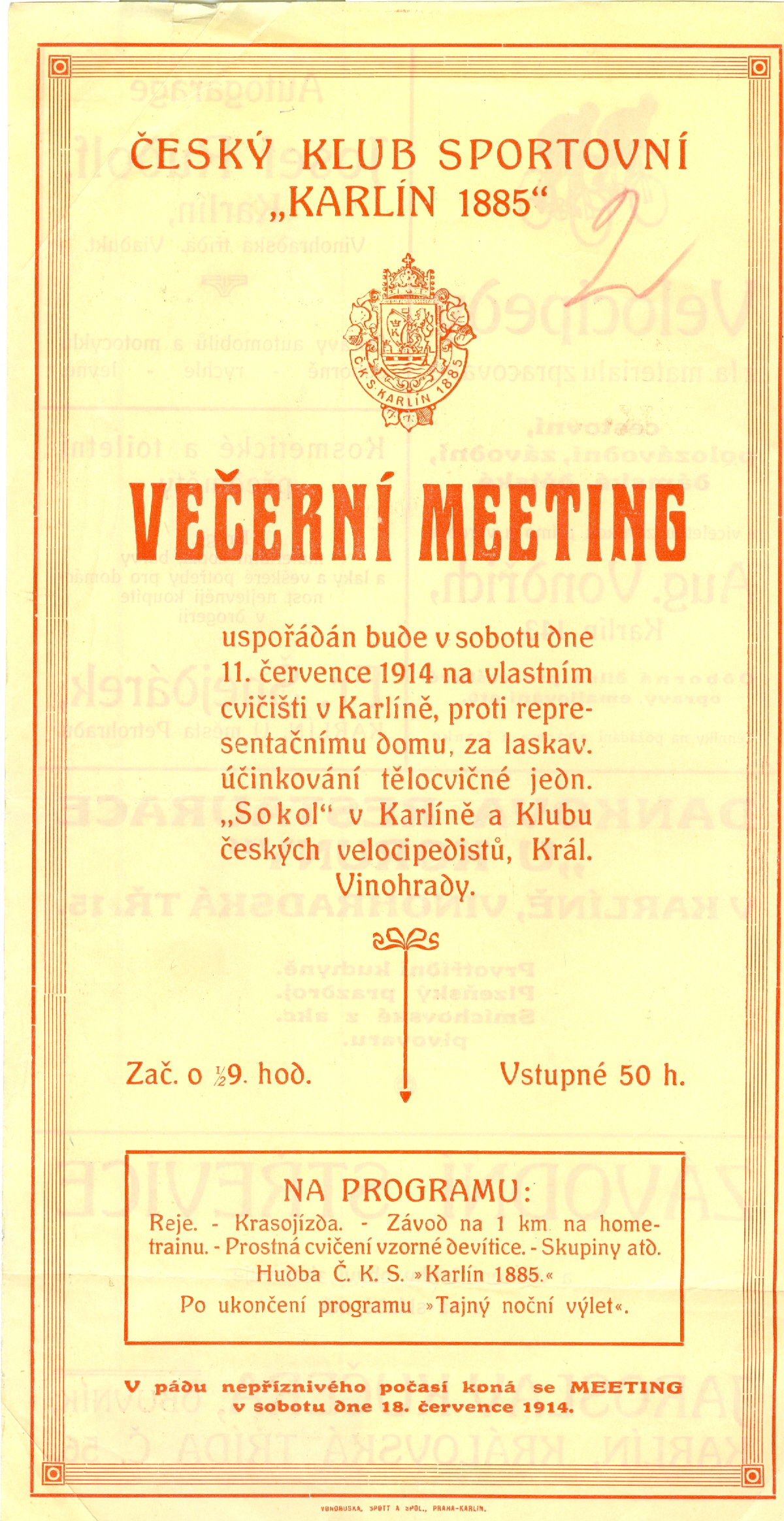 Náhledový obrázek Večerní meeting Českého klubu sportovního Karlín 1885 - 1