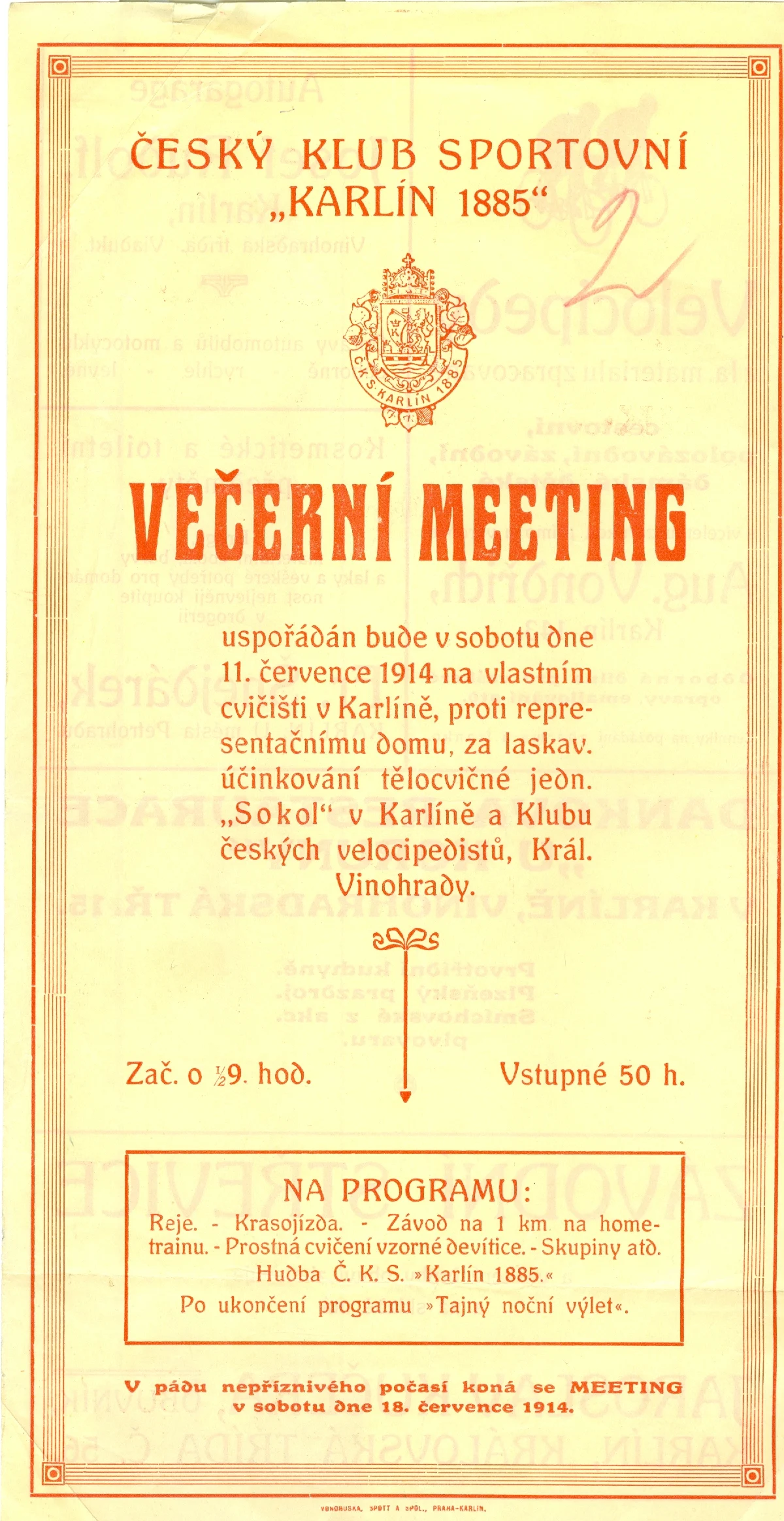 Náhledový obrázek předmětu Večerní meeting Českého klubu sportovního Karlín 1885