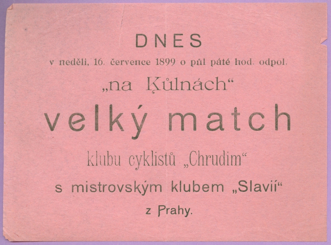 Náhledový obrázek Oznámení velkého matche klubu cyklistů Chrudim s mistrovským klubem Slavií z Prahy - 1