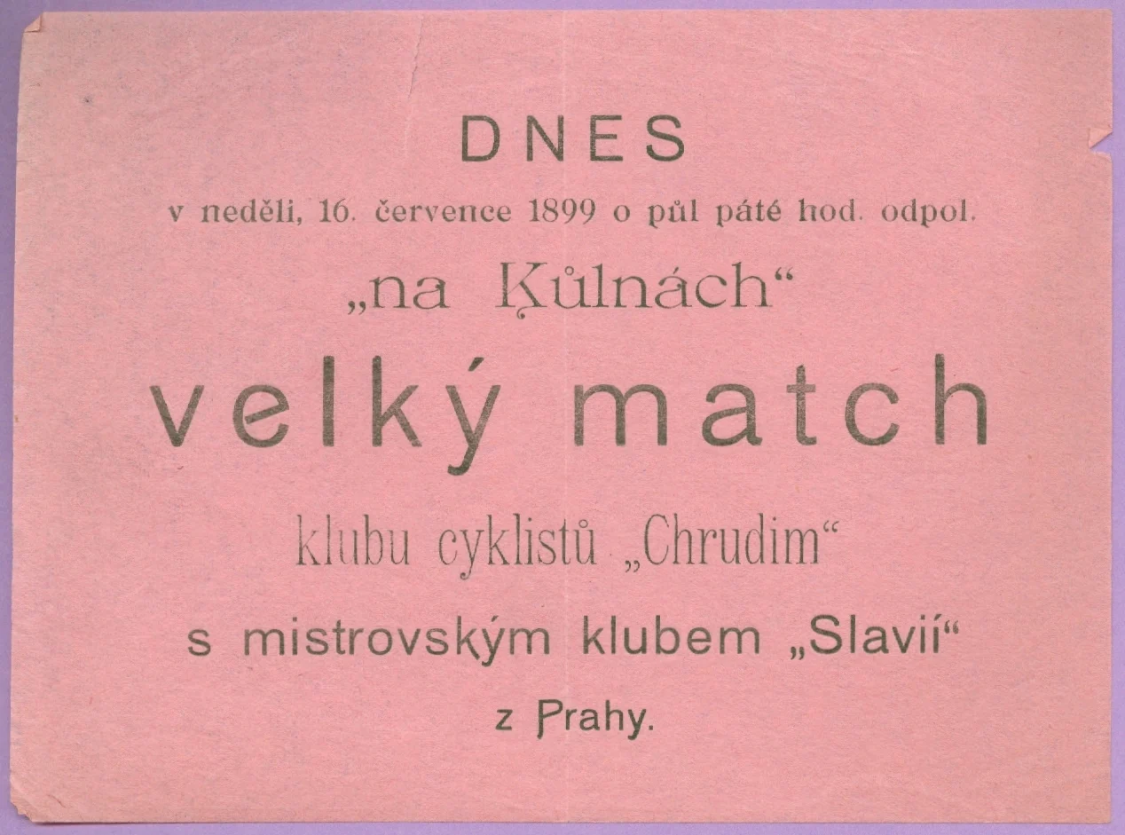 Náhledový obrázek předmětu Oznámení velkého matche klubu cyklistů Chrudim s mistrovským klubem Slavií z Prahy
