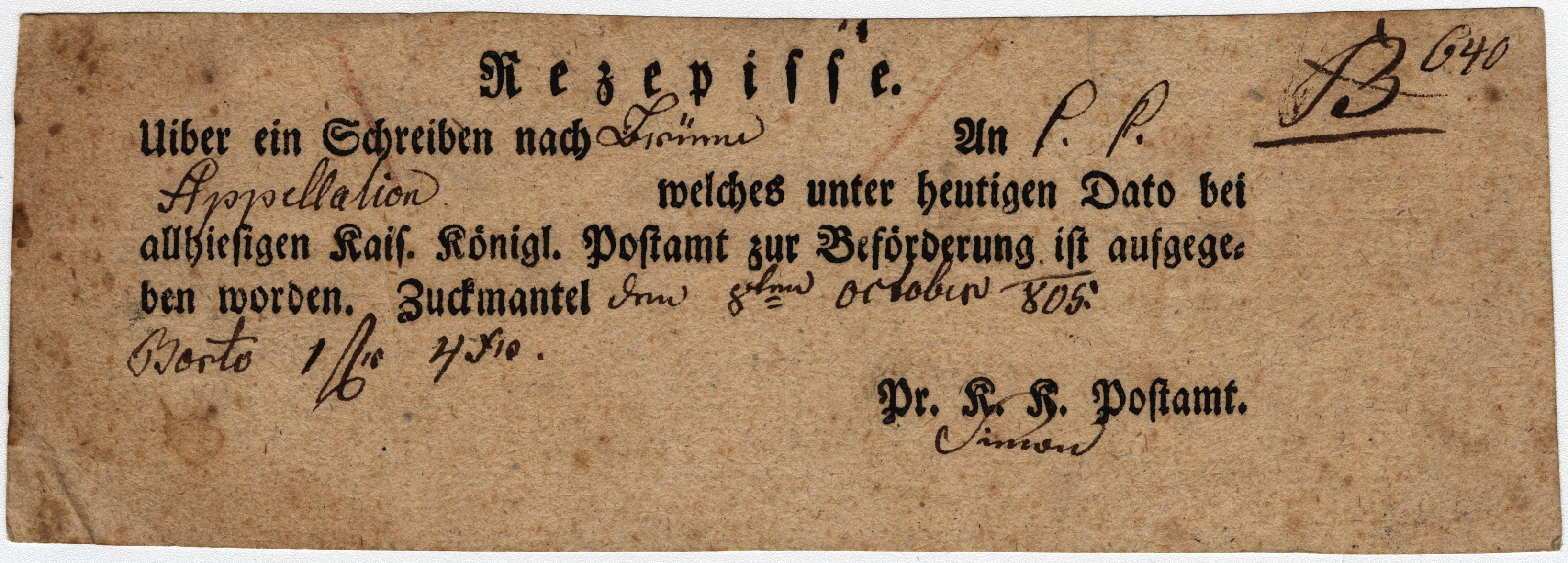 Náhledový obrázek Stvrzenka poštovního úřadu ve Zlatých Horách (r. 1805) - 1