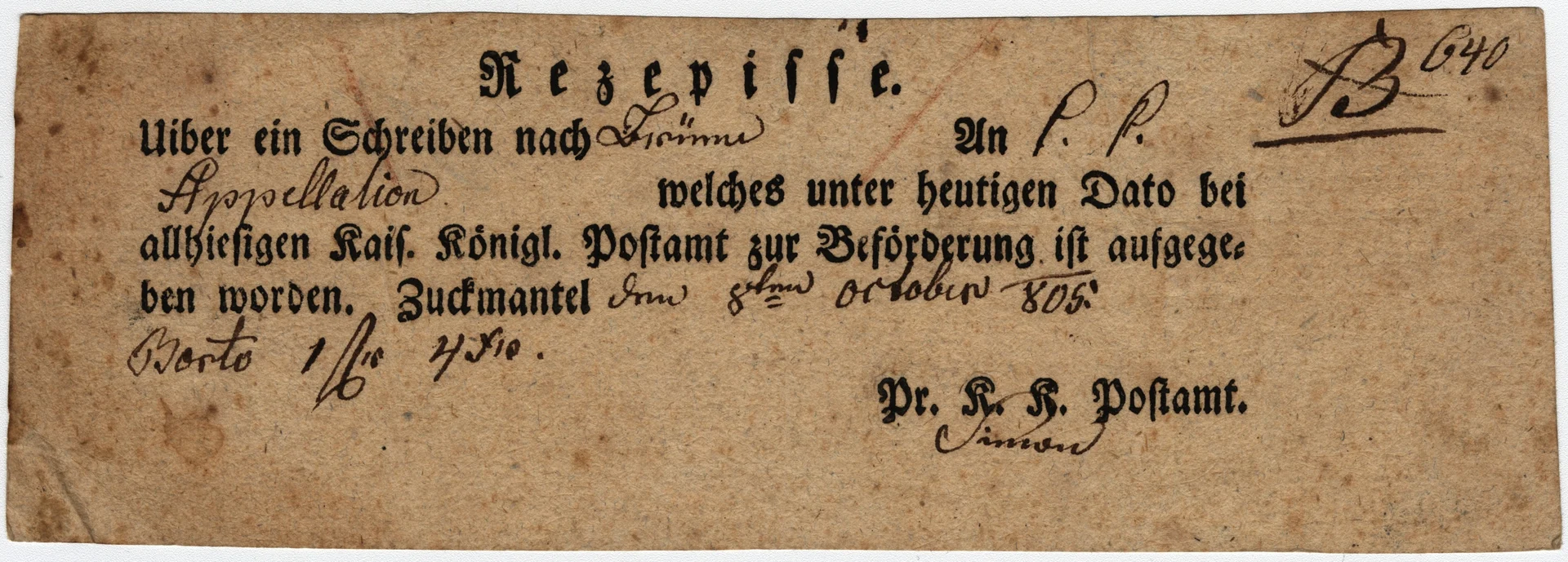 Náhledový obrázek předmětu Stvrzenka poštovního úřadu ve Zlatých Horách (r. 1805)