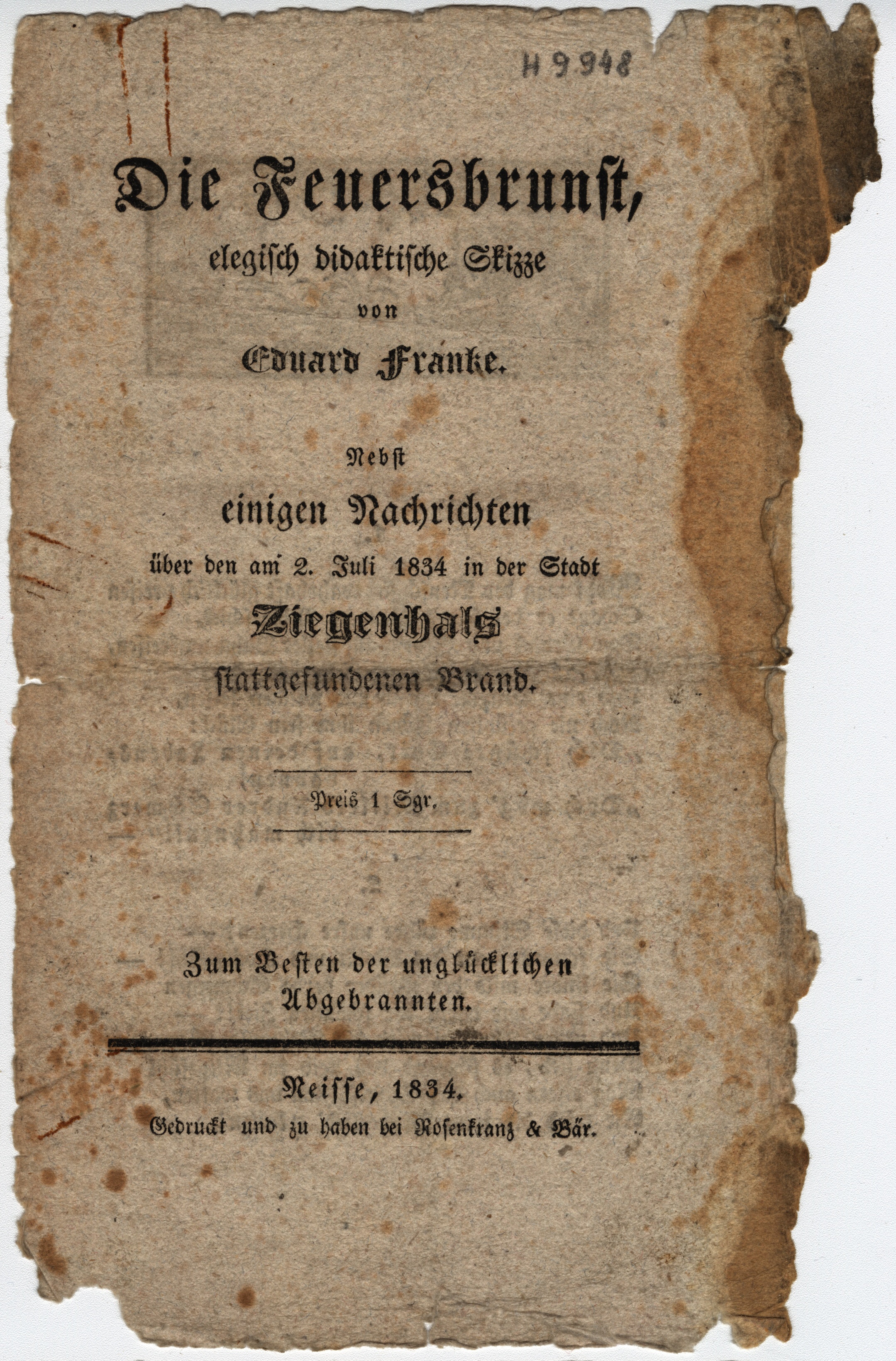 Náhledový obrázek Drobný tisk o požáru Glucholaz, 1834 - 1
