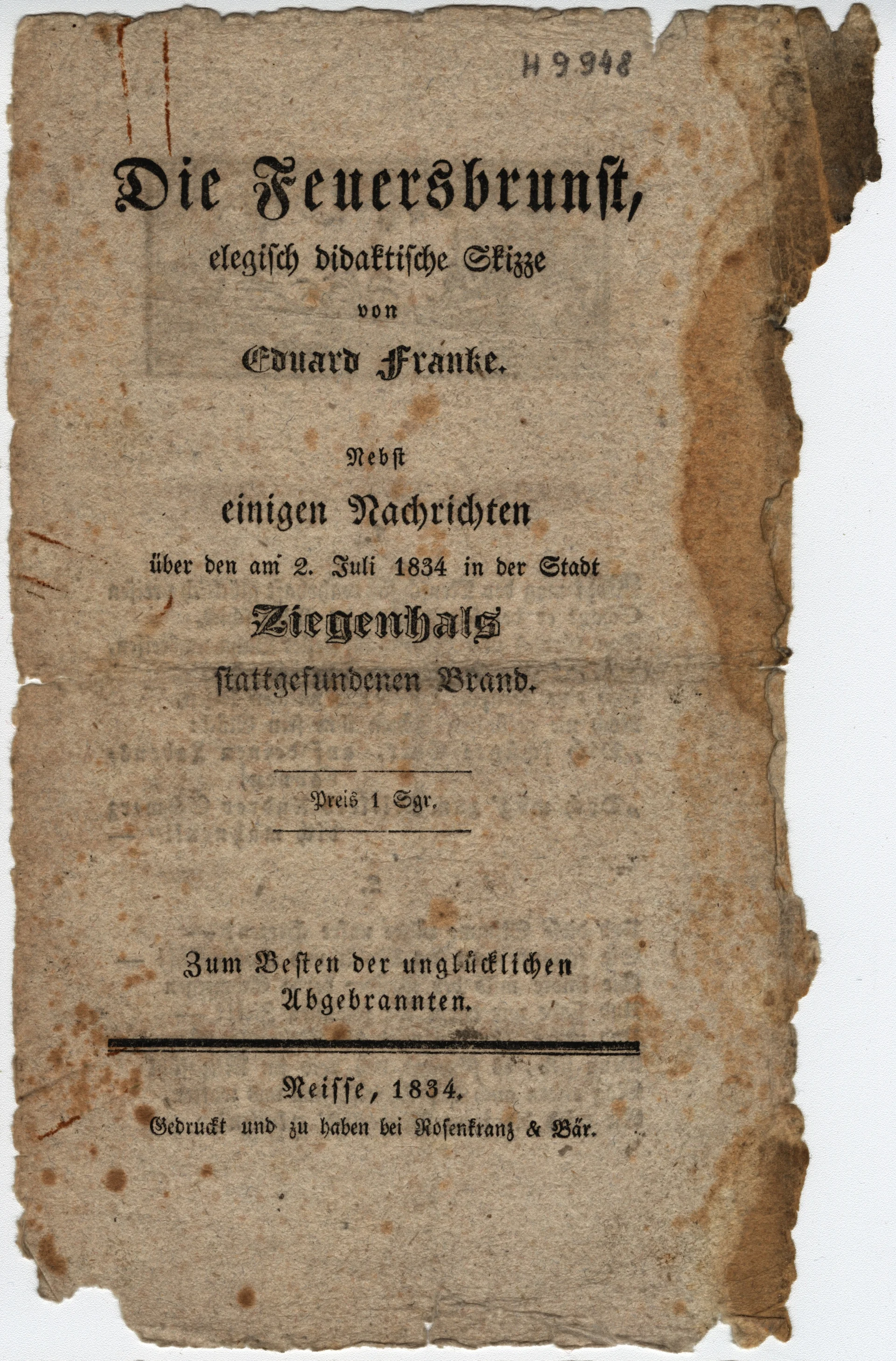 Náhledový obrázek předmětu Drobný tisk o požáru Glucholaz, 1834