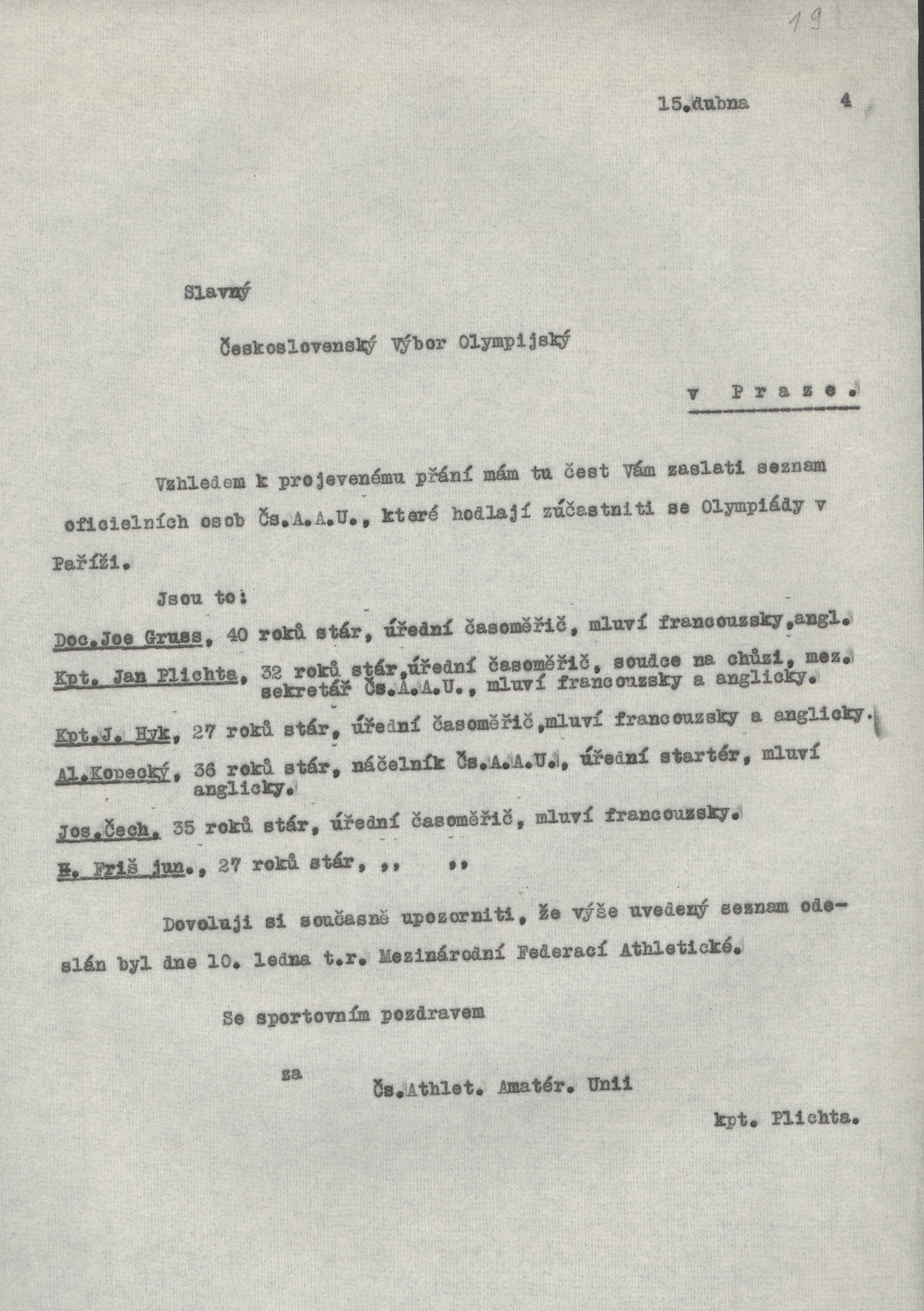 Náhledový obrázek Seznamy officielních osob a závodníků ČsAAU pro hry v Paříži - 1