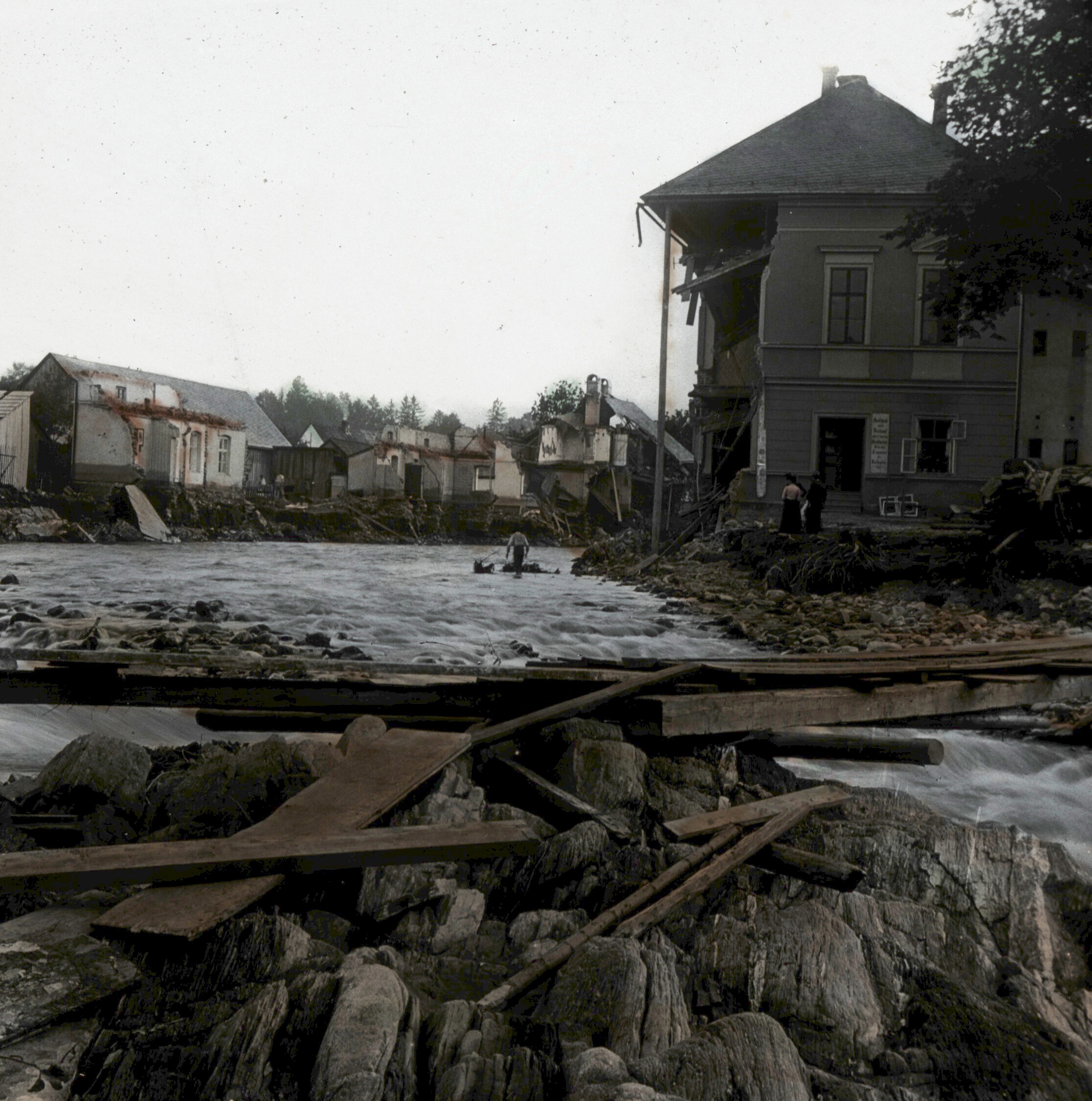 Náhledový obrázek Povodeň r. 1903: Mikulovice (skleněný stereodiapozitiv) - 2