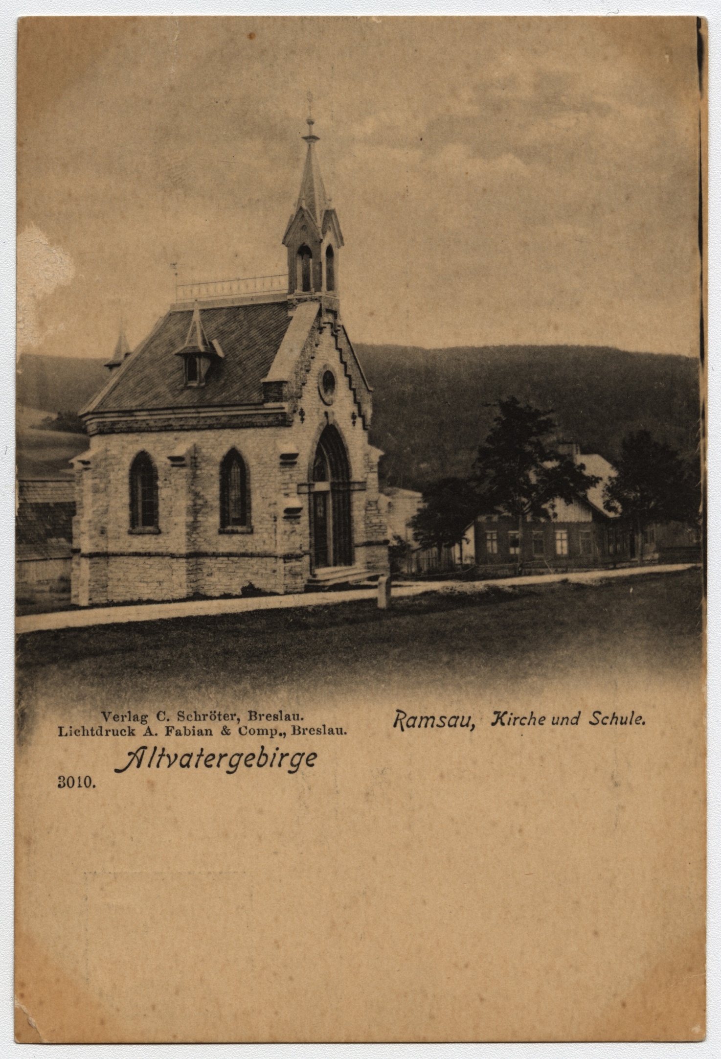 Náhledový obrázek Kostel a škola v osadě Ramzová (pohlednice) - 1