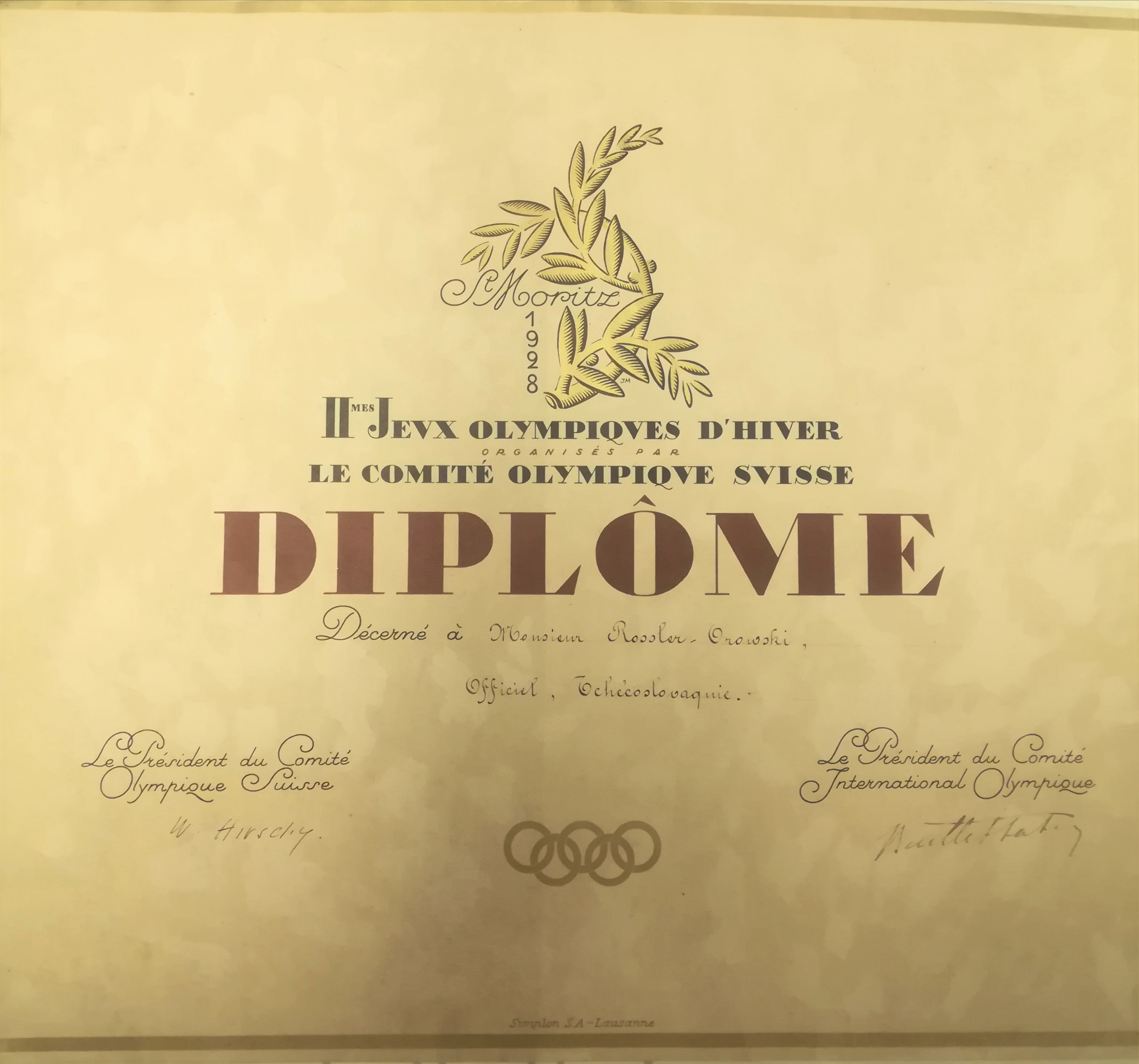 Náhledový obrázek Olympijský diplom pro Josefa Rösslera-Ořovského. ZOH Sv. Mořic 1928 - 1