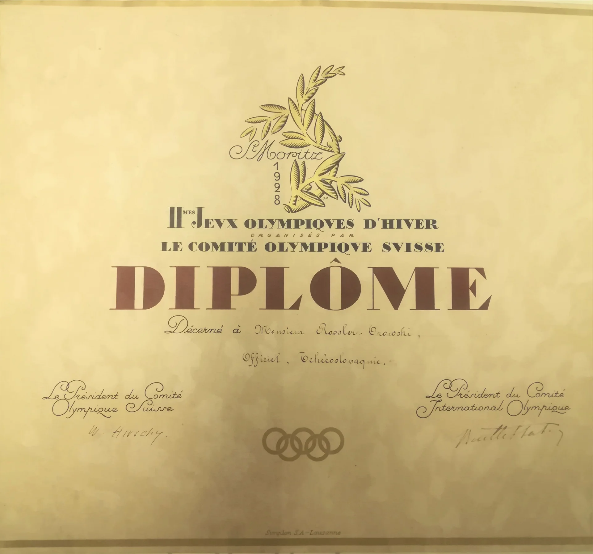 Náhledový obrázek předmětu Olympijský diplom pro Josefa Rösslera-Ořovského. ZOH Sv. Mořic 1928