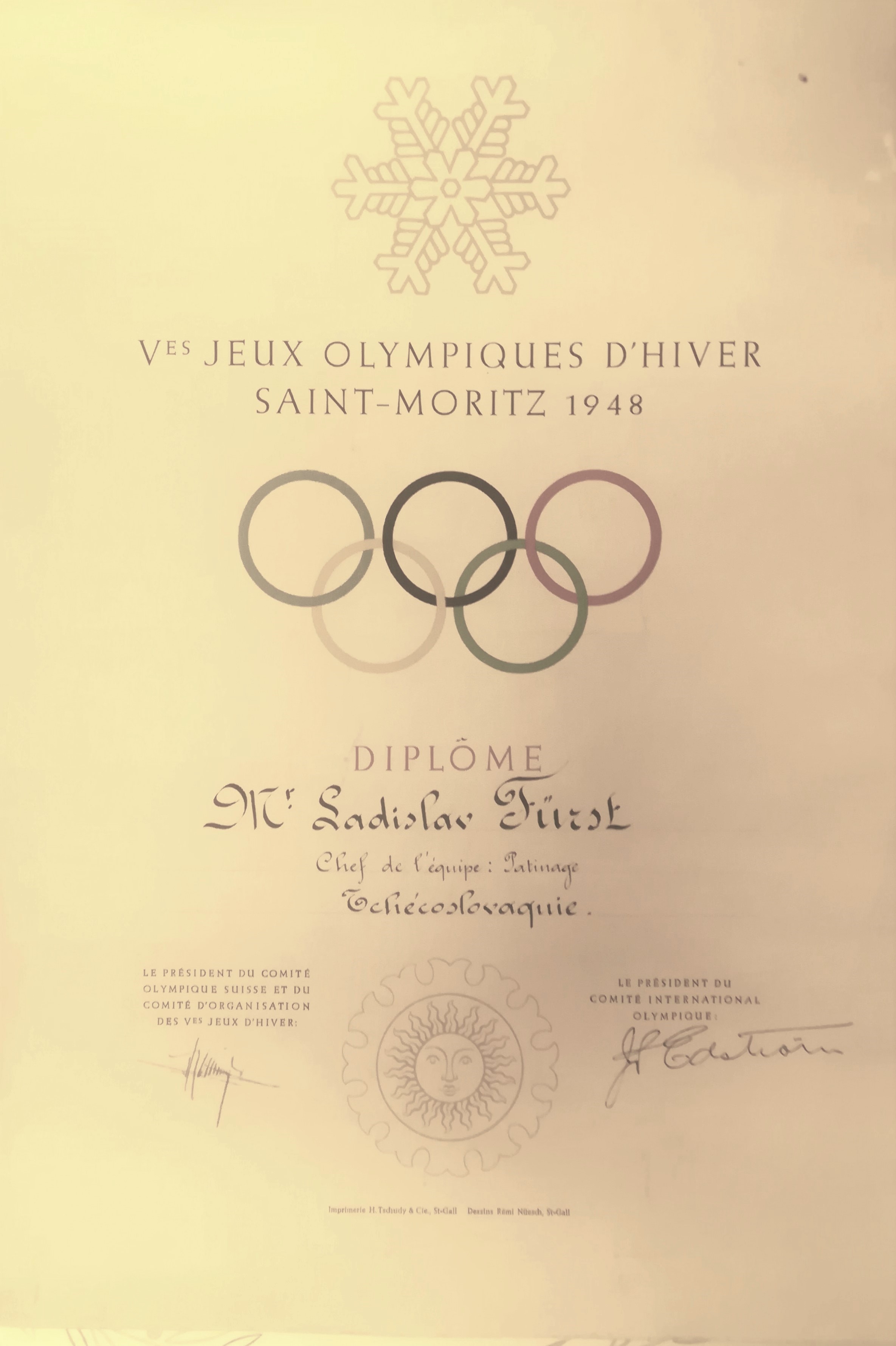 Náhledový obrázek Olympijský diplom pro Ladislava Fürsta. ZOH Sv. Mořic 1948 - 1