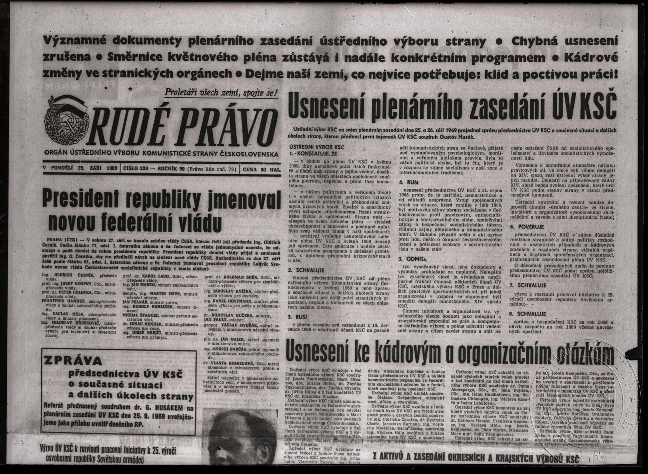 Náhledový obrázek Rudé právo, roč. 50, čís. 229, 29. 9. 1969, část titulní strany. - 1