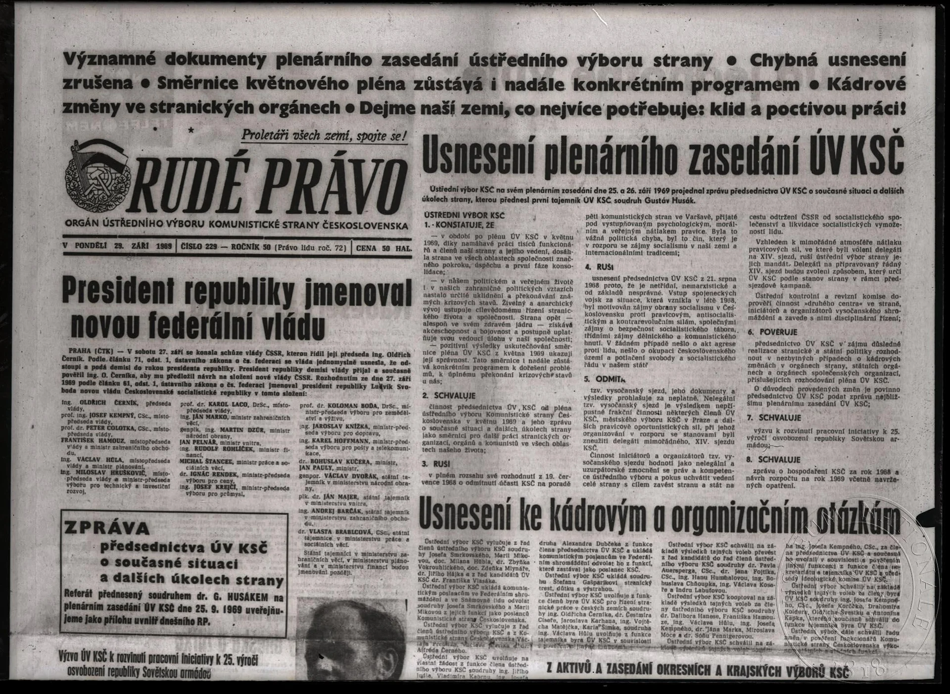 Náhledový obrázek předmětu Rudé právo, roč. 50, čís. 229, 29. 9. 1969, část titulní strany.