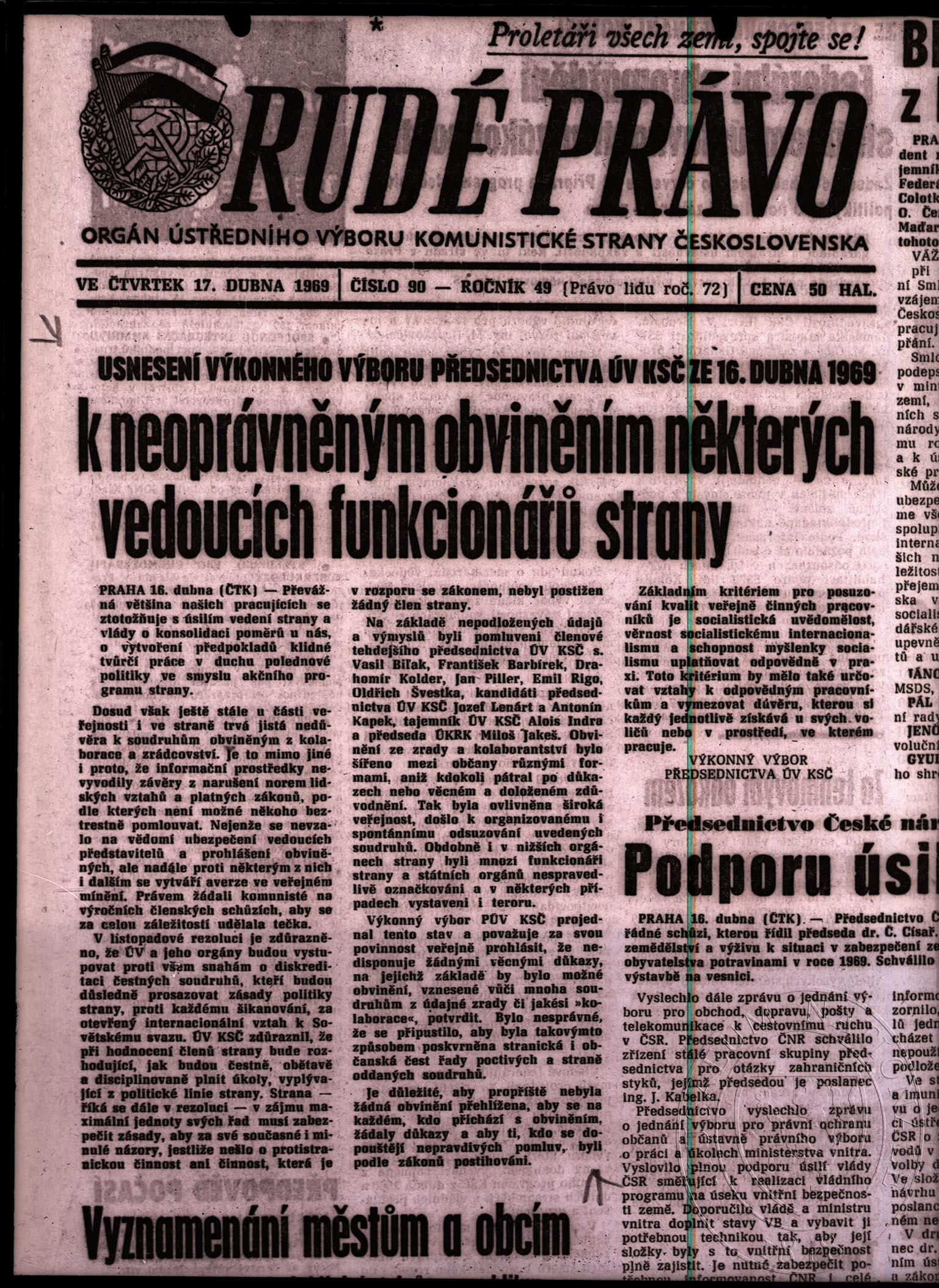 Náhledový obrázek předmětu Článek K neoprávněným obviněním některých vedoucích funkcionářů strany, Rudé právo, roč. 49, čís. 90, 17. 4. 1969, část titulní strany.