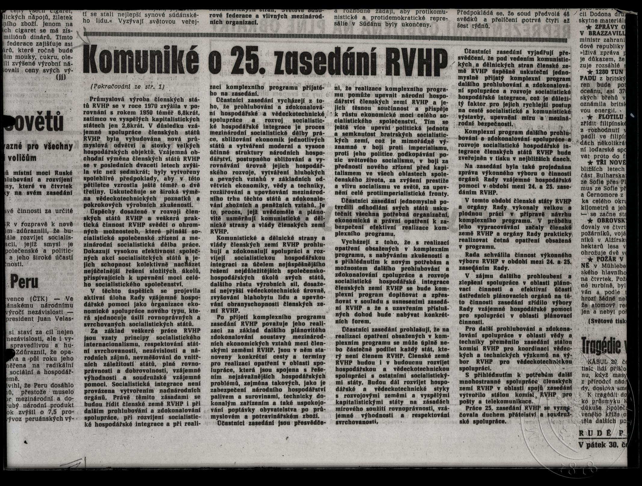 Náhledový obrázek Článek Komuniké o 25. zasedání RVHP. - 1