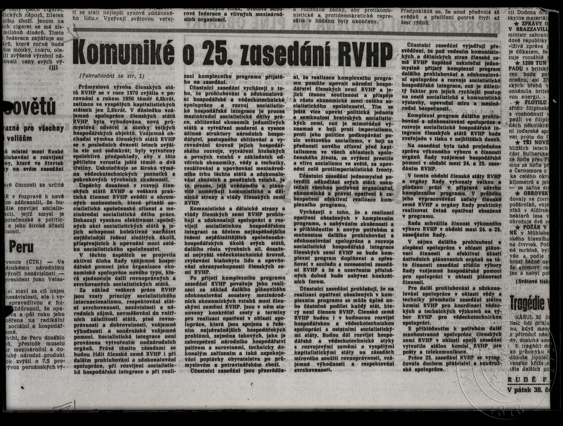 Náhledový obrázek předmětu Článek Komuniké o 25. zasedání RVHP.