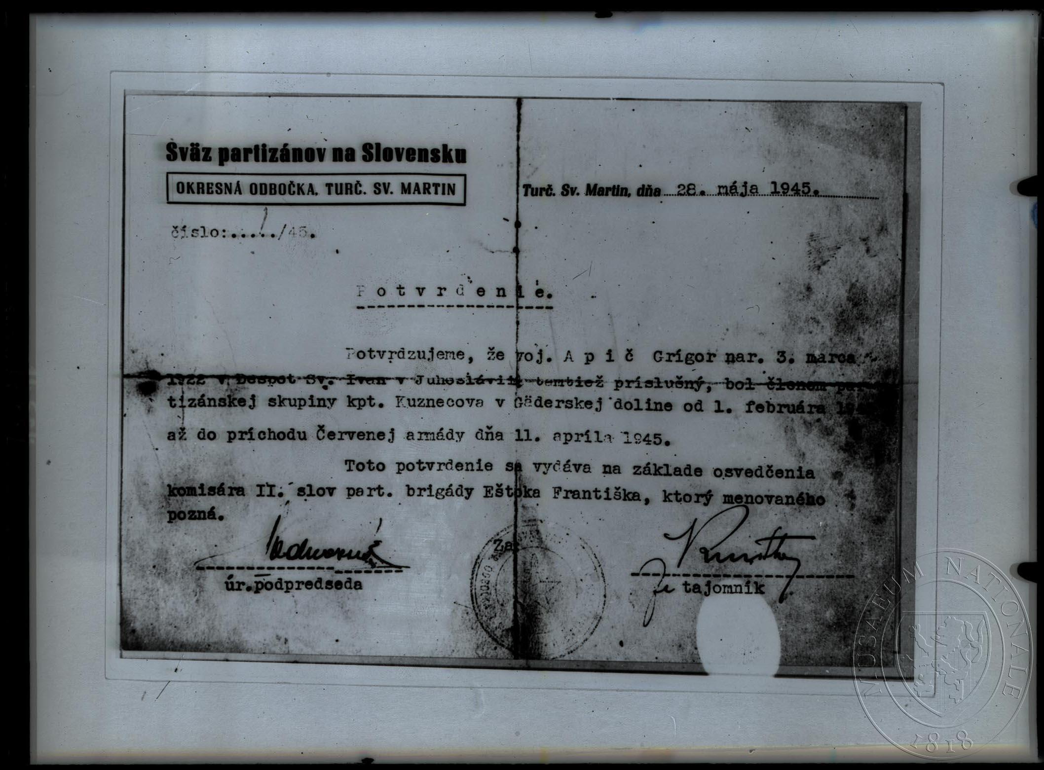 Náhledový obrázek Potvrzení, Sväz partizánov na Slovensku, 28. 5. 1945. - 1