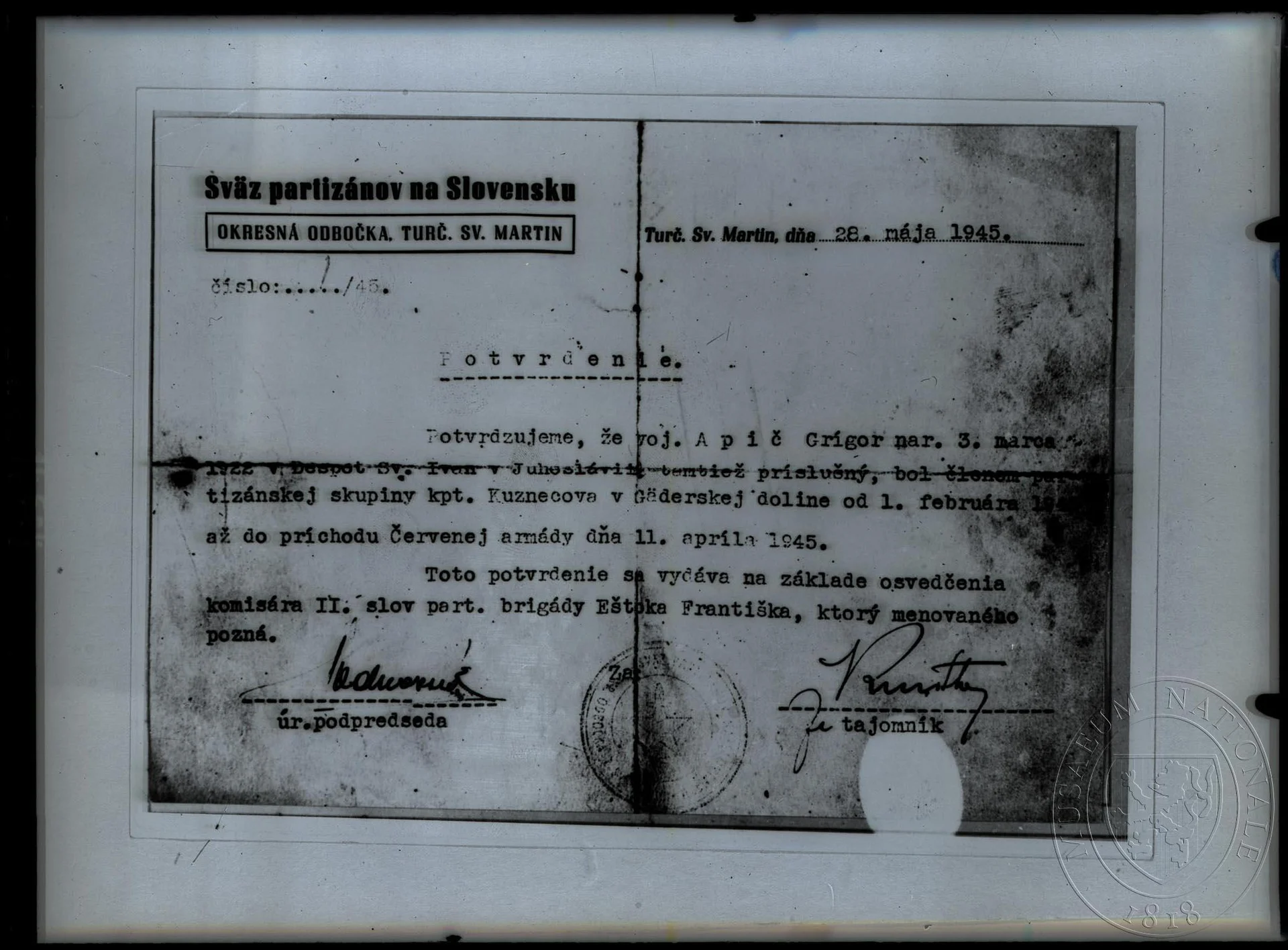Náhledový obrázek předmětu Potvrzení, Sväz partizánov na Slovensku, 28. 5. 1945.