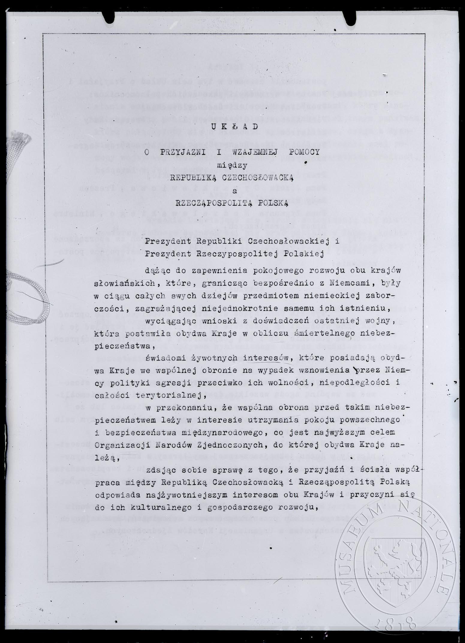 Náhledový obrázek Smlouva Uklad o przyjazni i wzejemnej pomocy miedzy Republika Czechoslowacka a Rzeczapospolita Polska, 10. 3. 1947. Strojopis. - 1