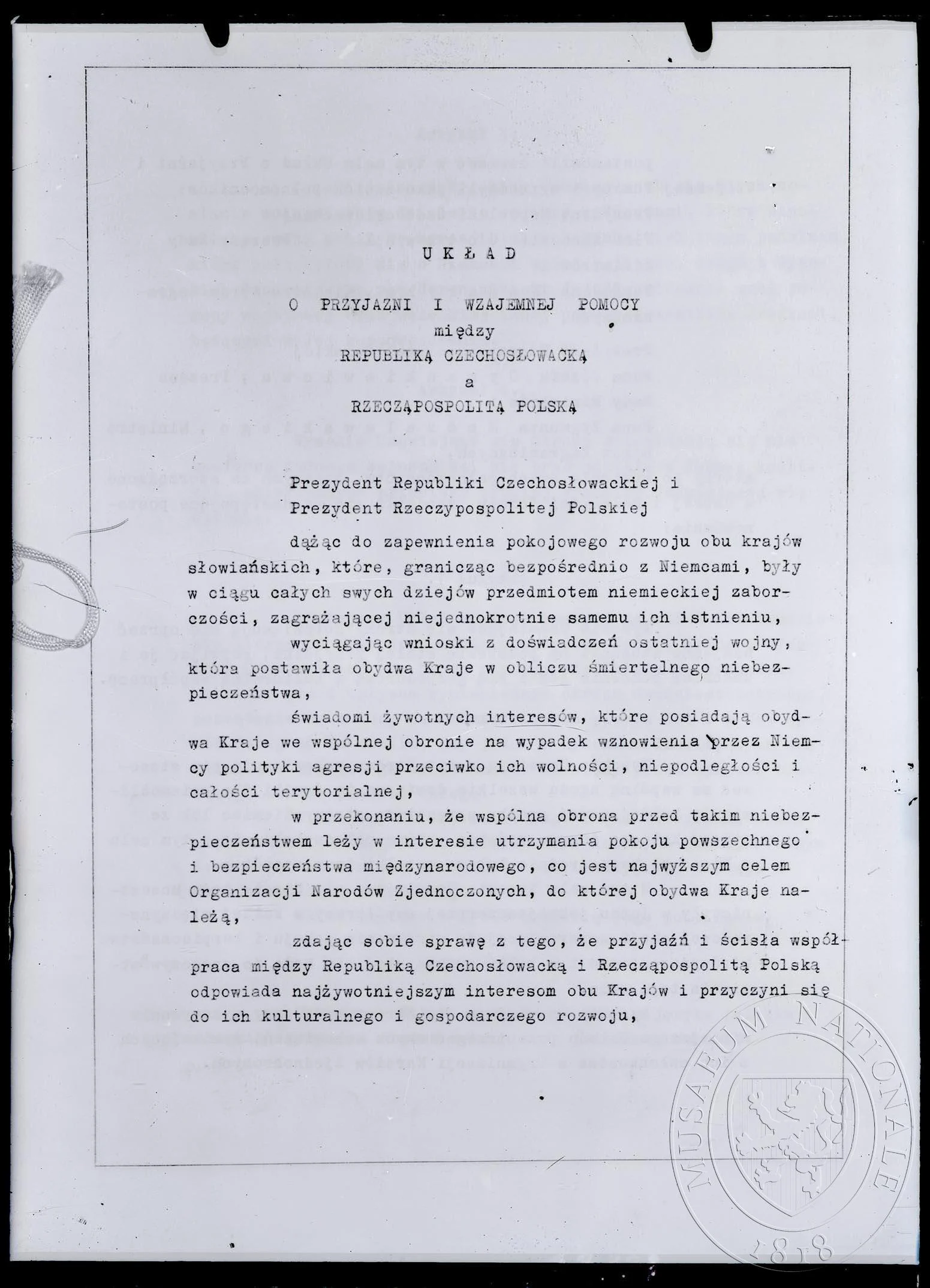 Náhledový obrázek předmětu Smlouva Uklad o przyjazni i wzejemnej pomocy miedzy Republika Czechoslowacka a Rzeczapospolita Polska, 10. 3. 1947. Strojopis.