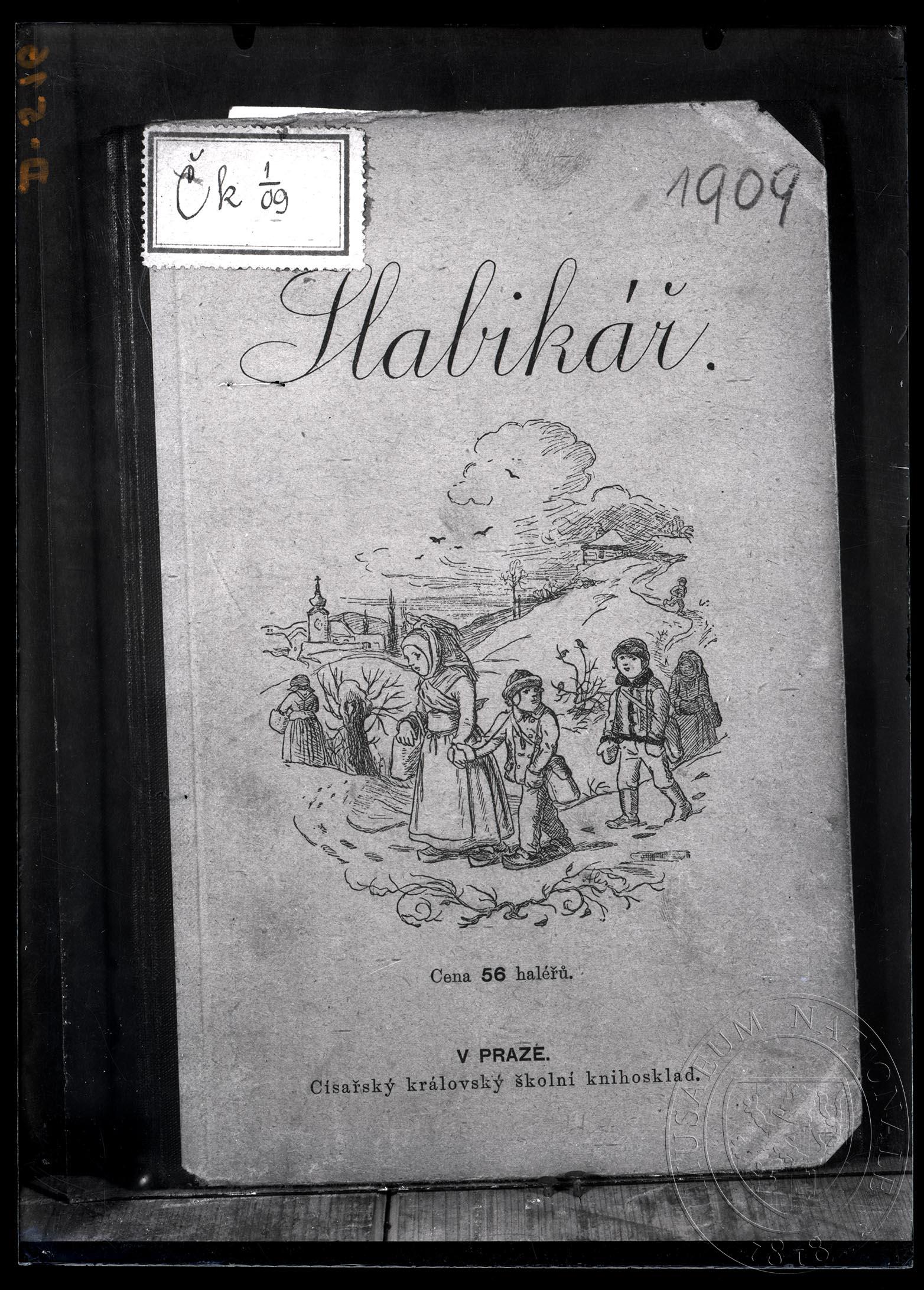 Náhledový obrázek Slabikář pro školy obecné, A. Frumar, J. Jursa, ilustrace M. Aleš, písmo V. Blahouš, obálka. - 1