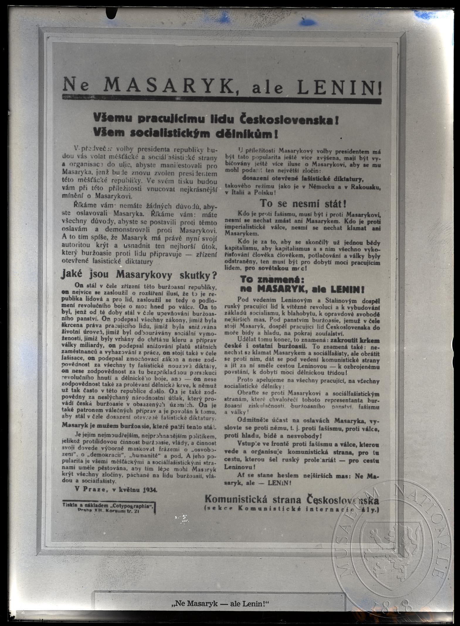 Náhledový obrázek Ne Masaryk, ale Lenin!, prohlášení Komunistické strany čs. - 1