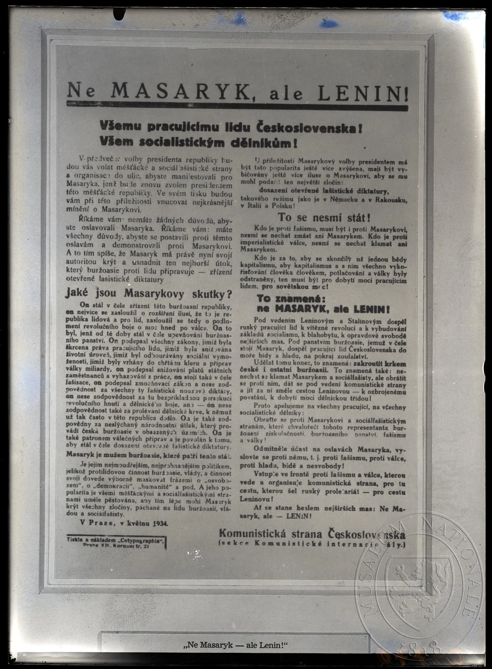 Obrázek Ne Masaryk, ale Lenin!, prohlášení Komunistické strany čs.