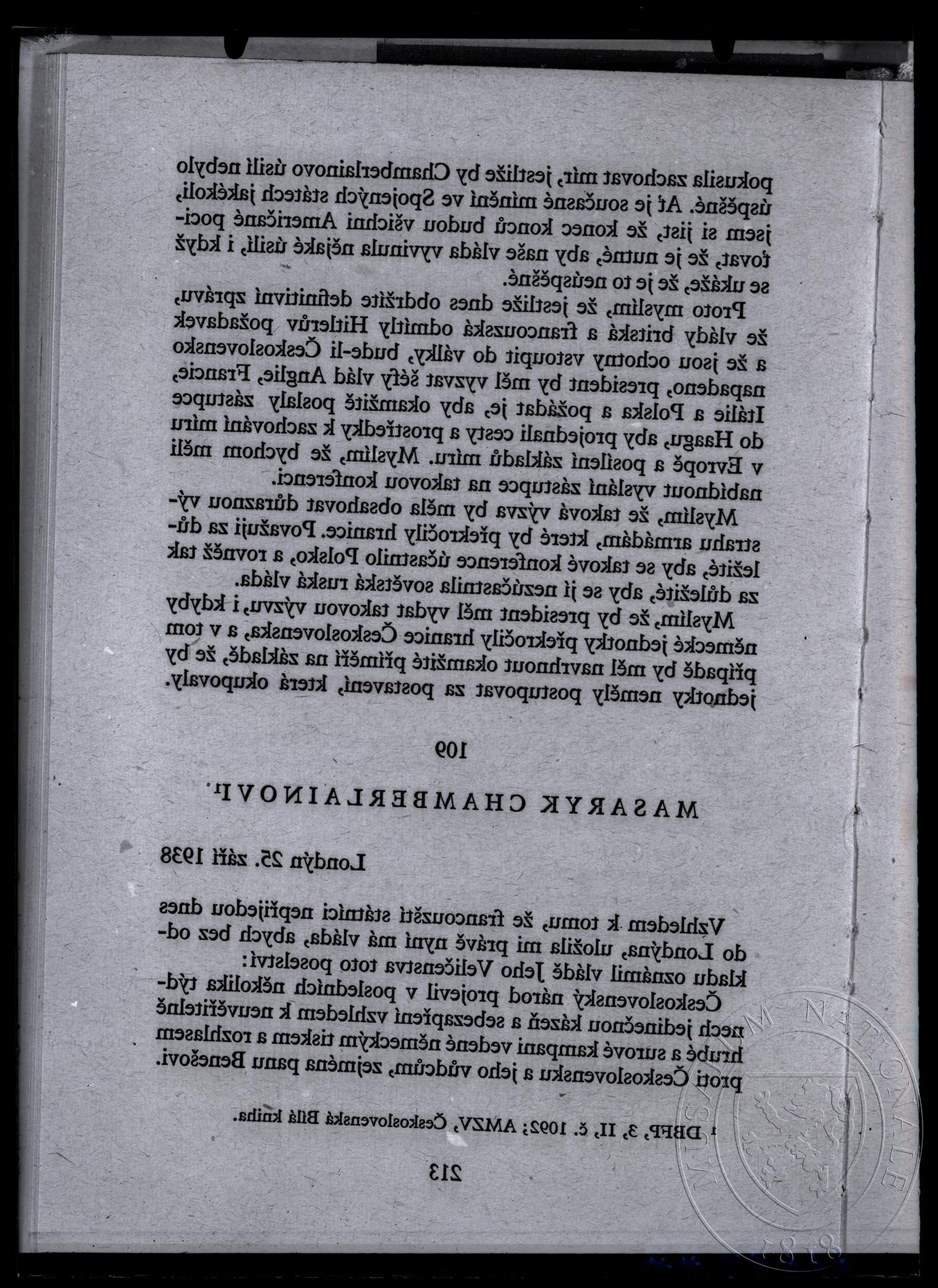 Obrázek Text, Masaryk Chamberlainovi