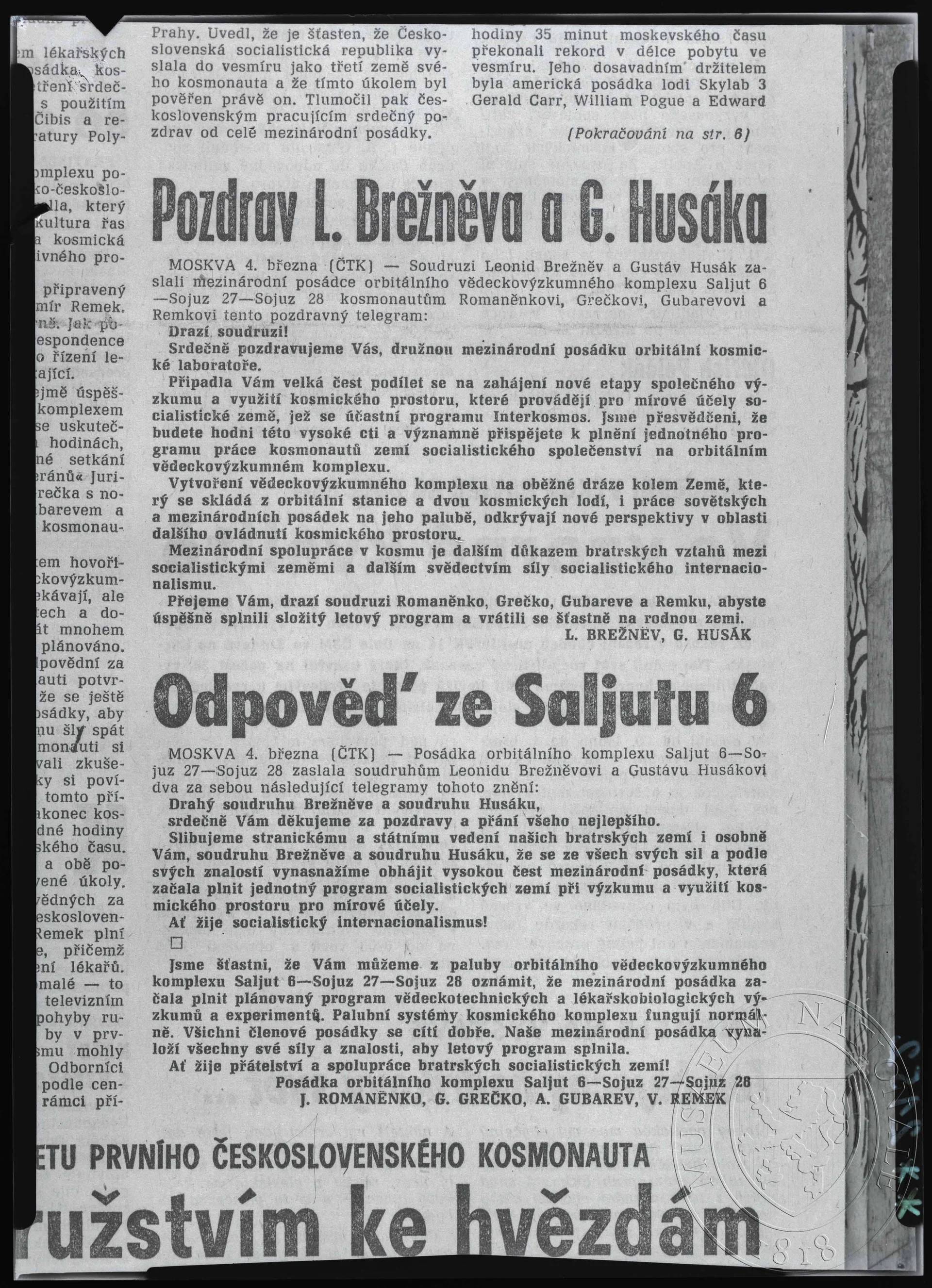 Obrázek Článek, Pozdrav L. Brežněva a G. Husáka