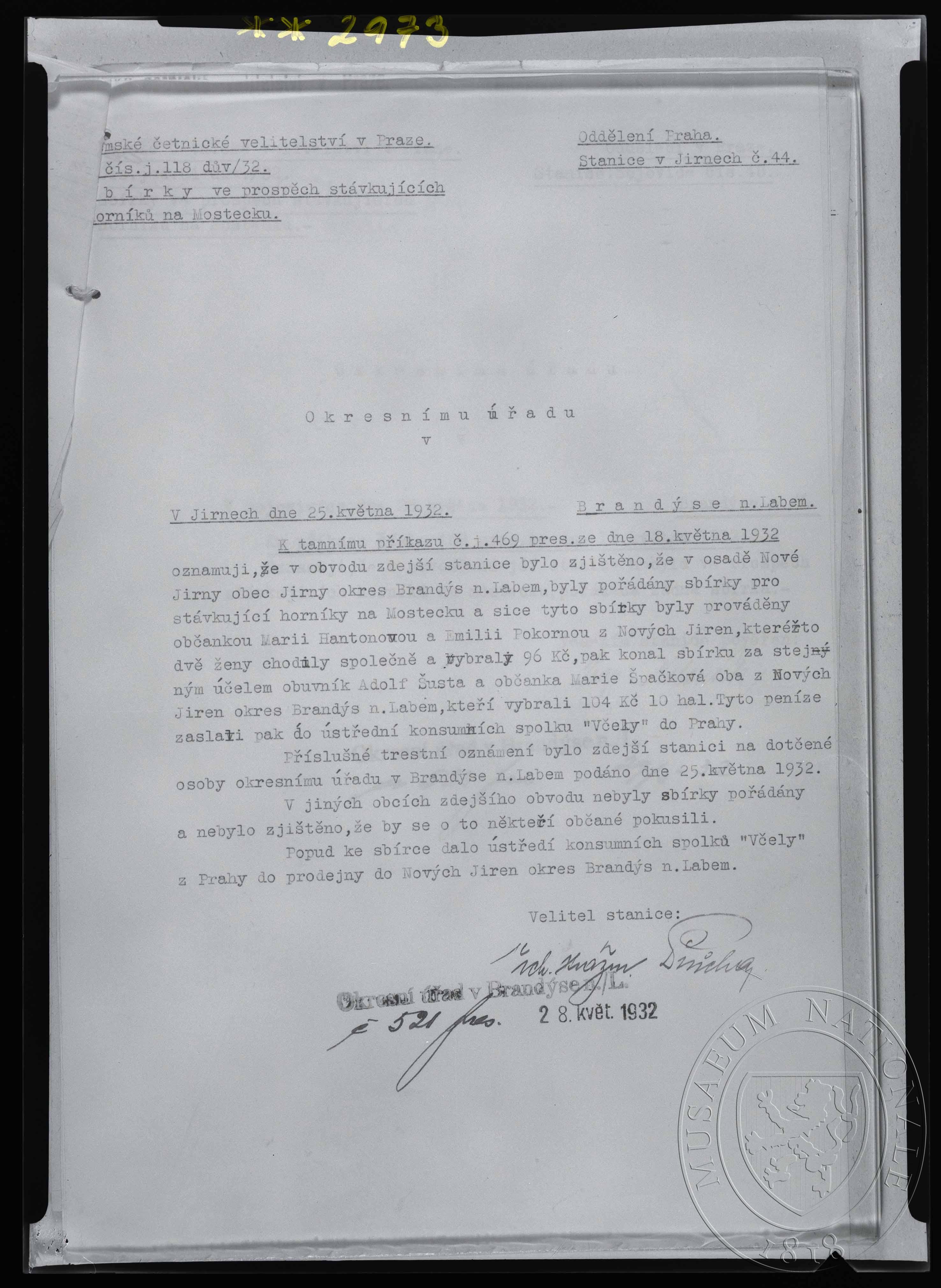 Náhledový obrázek Zpráva Okresnímu úřadu v Jirnech - 1