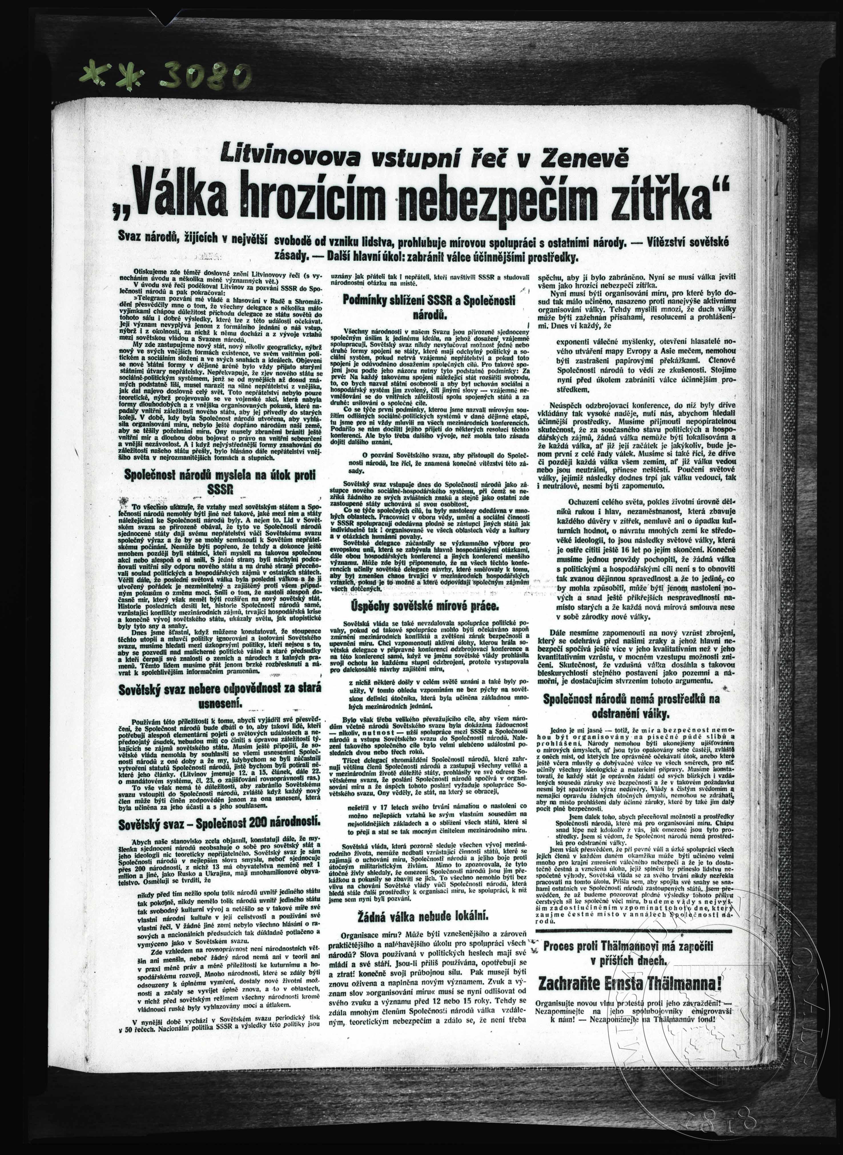 Náhledový obrázek Článek, Litvinovova vstupní řeč v Ženevě - 1