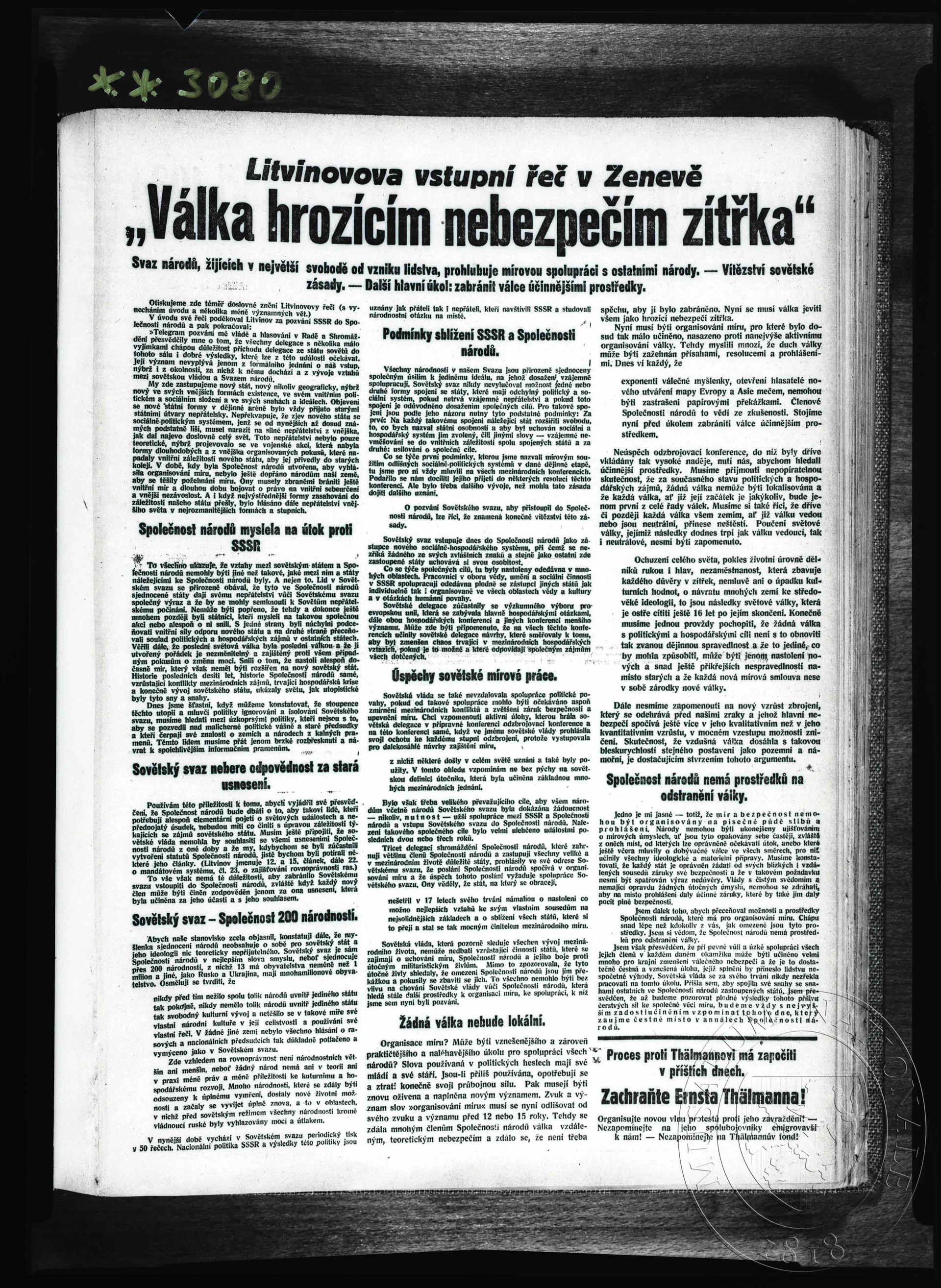 Obrázek Článek, Litvinovova vstupní řeč v Ženevě