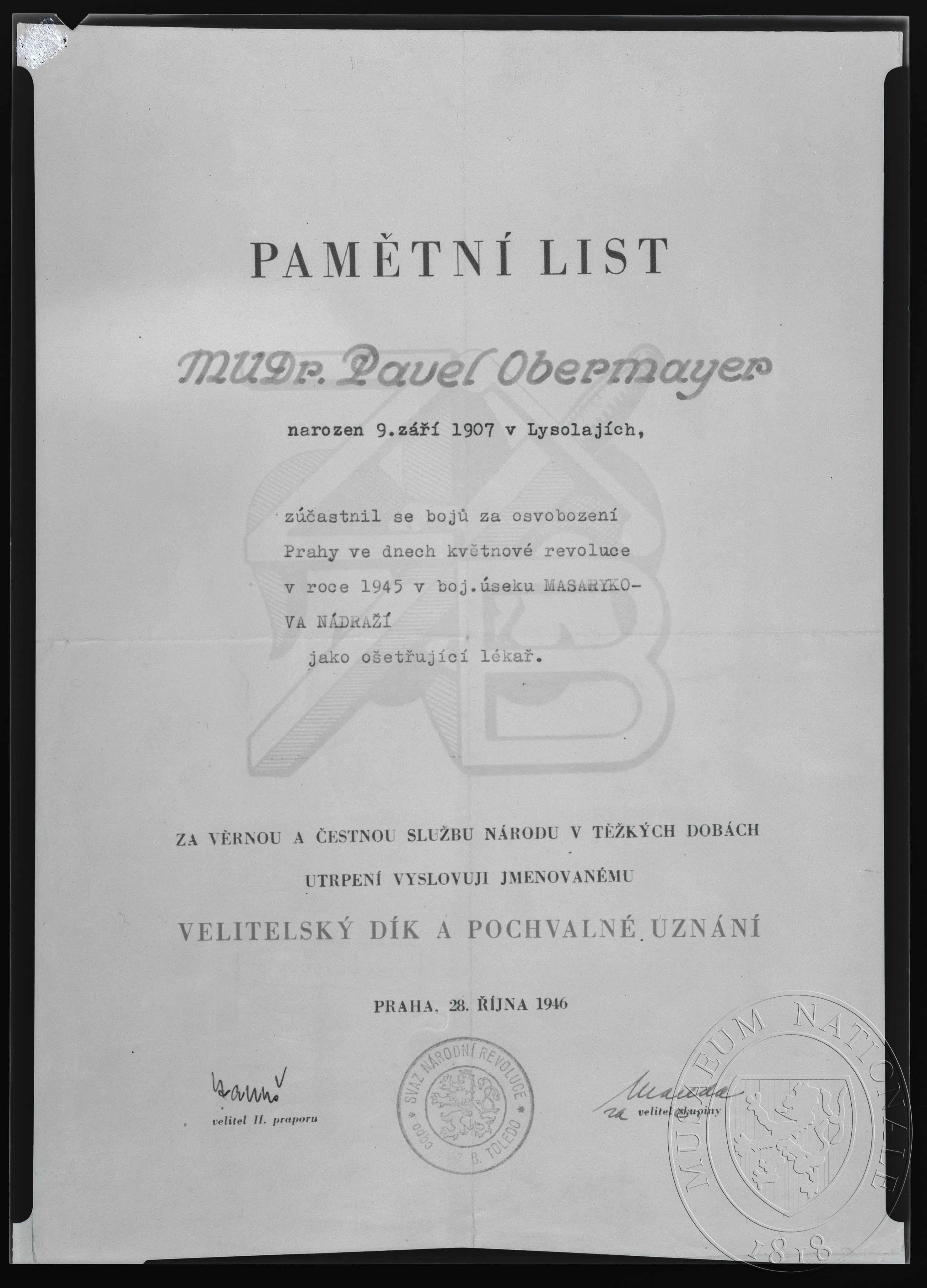 Náhledový obrázek Pamětní list, za účast v bojích za osvobození Prahy - 1