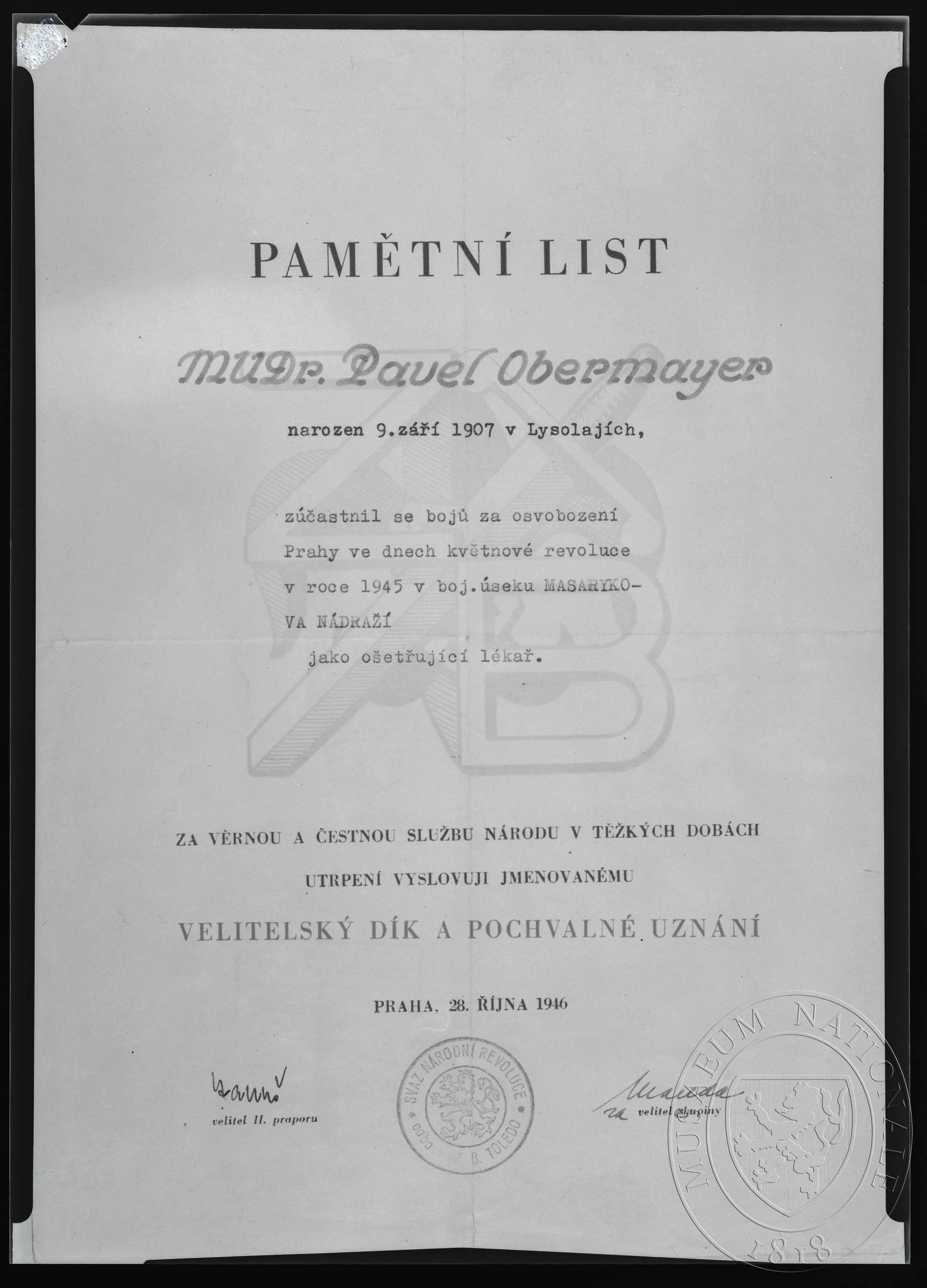 Obrázek Pamětní list, za účast v bojích za osvobození Prahy