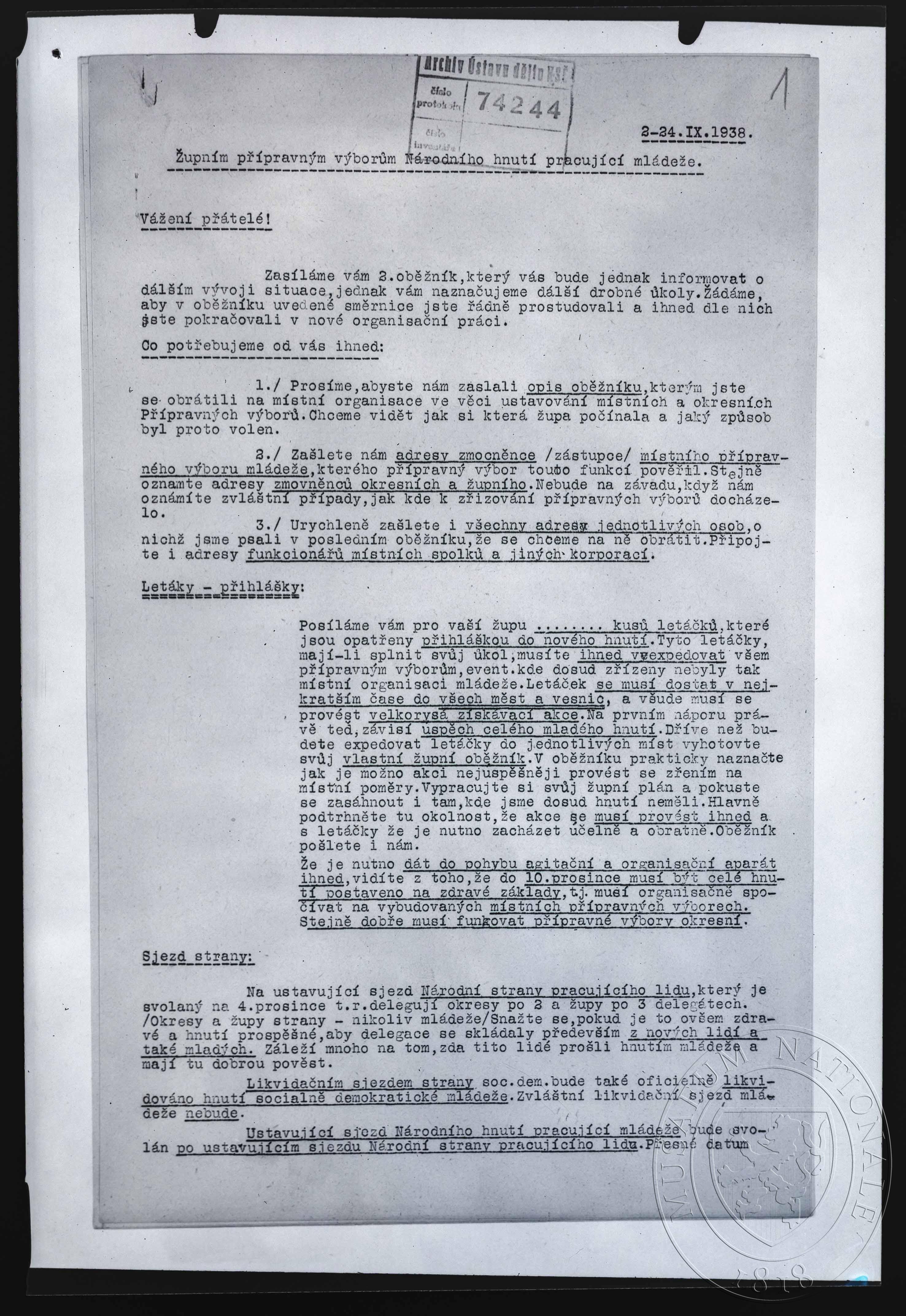 Náhledový obrázek Dokument, Oběžník č. 5 Národního hnutí pracující mládeže - 1