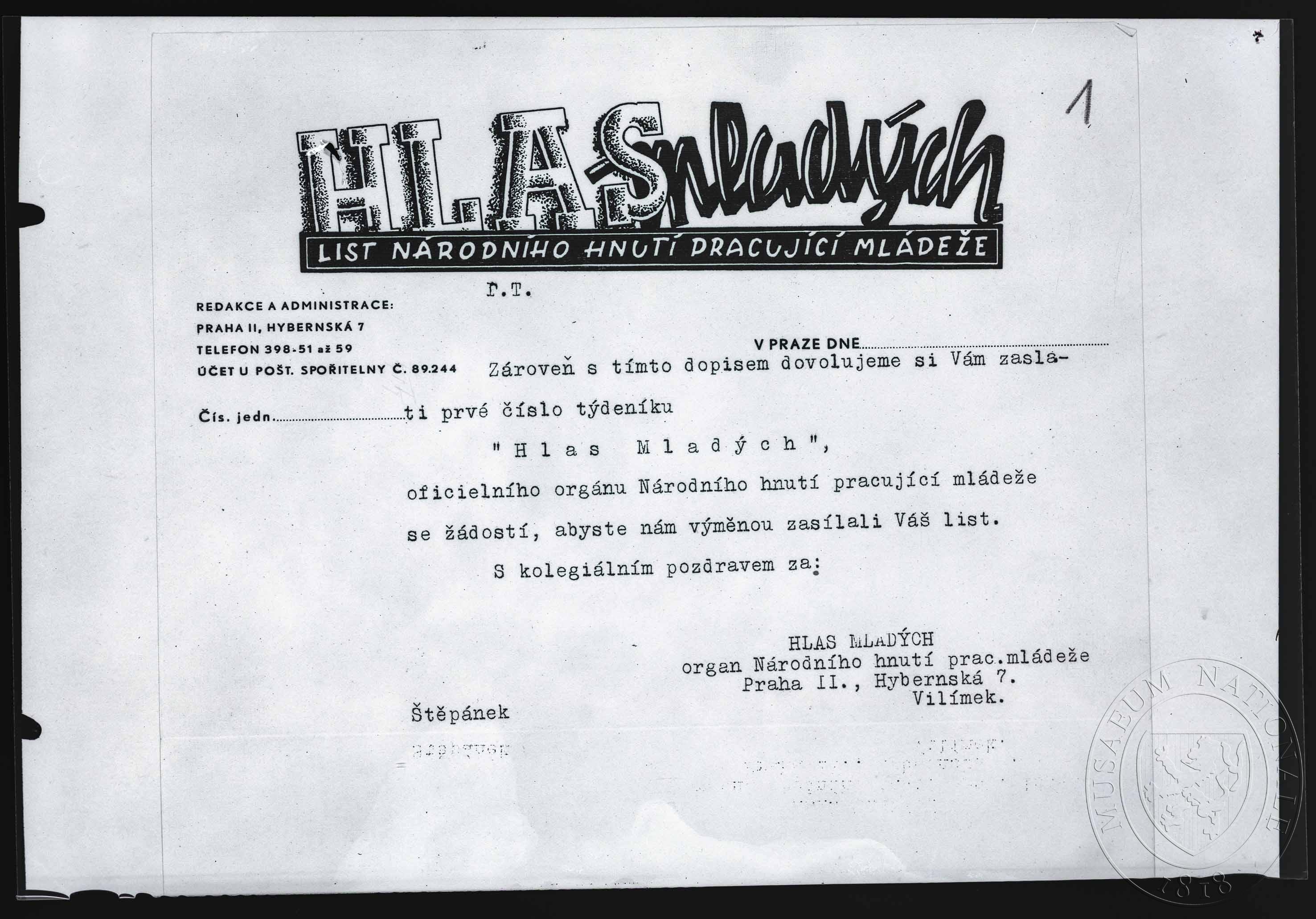 Náhledový obrázek Leták, časopis Hlas mladých - 1
