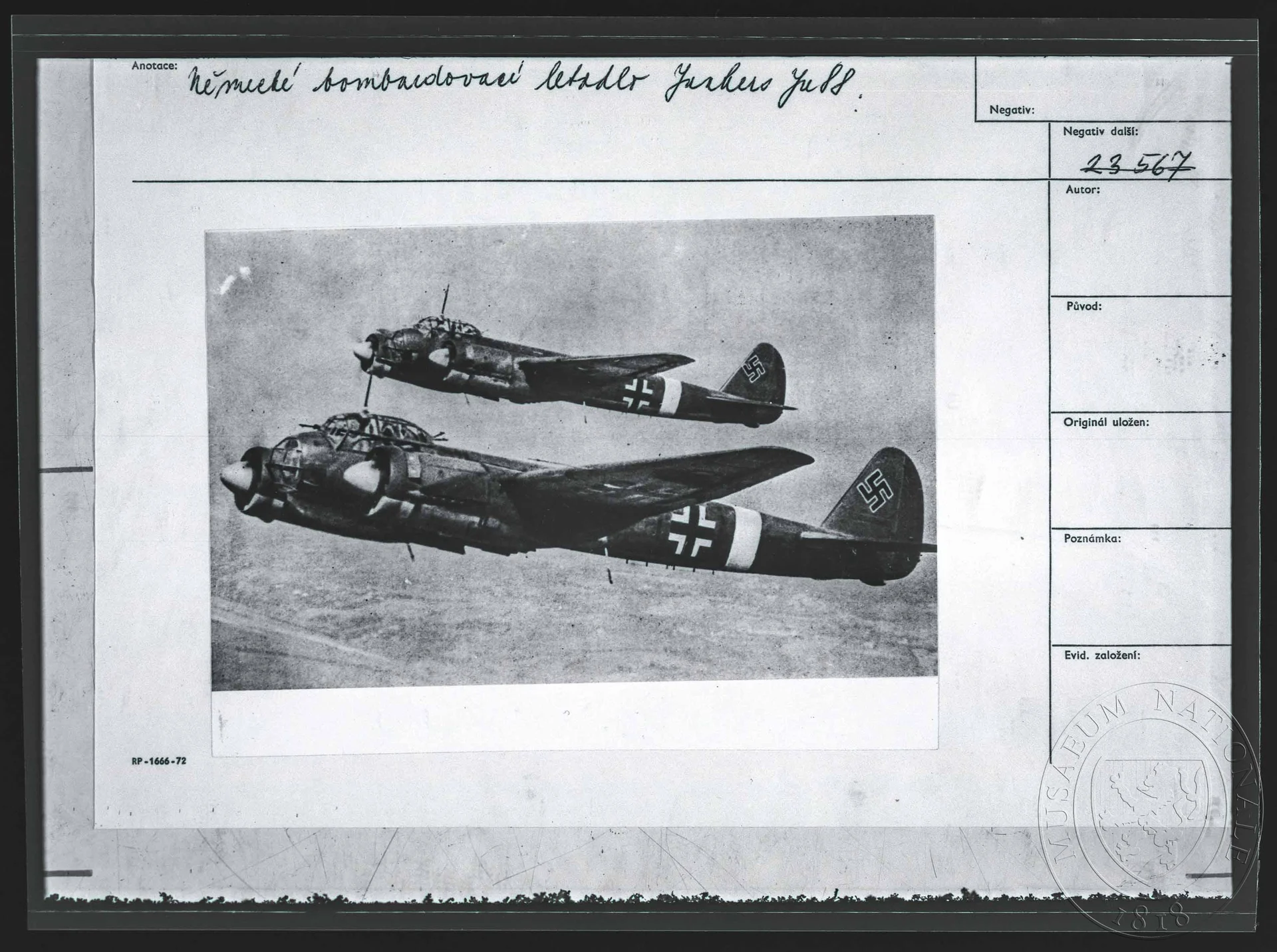 Obrázek Fotografie, německý bombardér Junkers 88