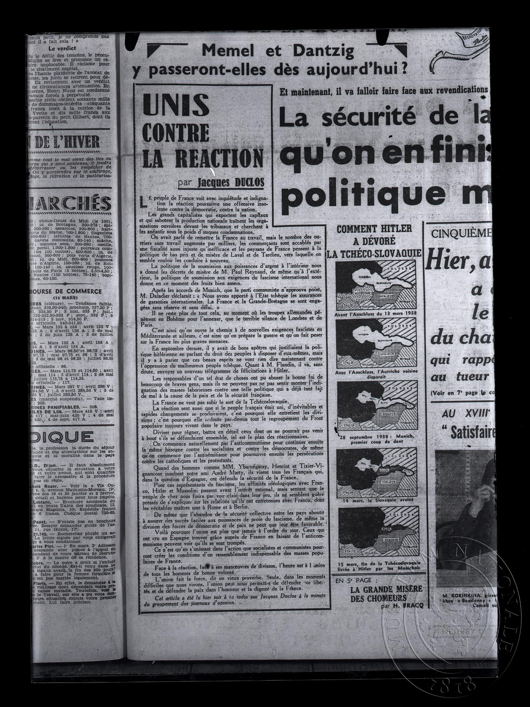Náhledový obrázek Článek Unis contre la reaction, periodikum l´Humanité, roč. 36, čís. 14.695, 16. 3. 1939. - 1