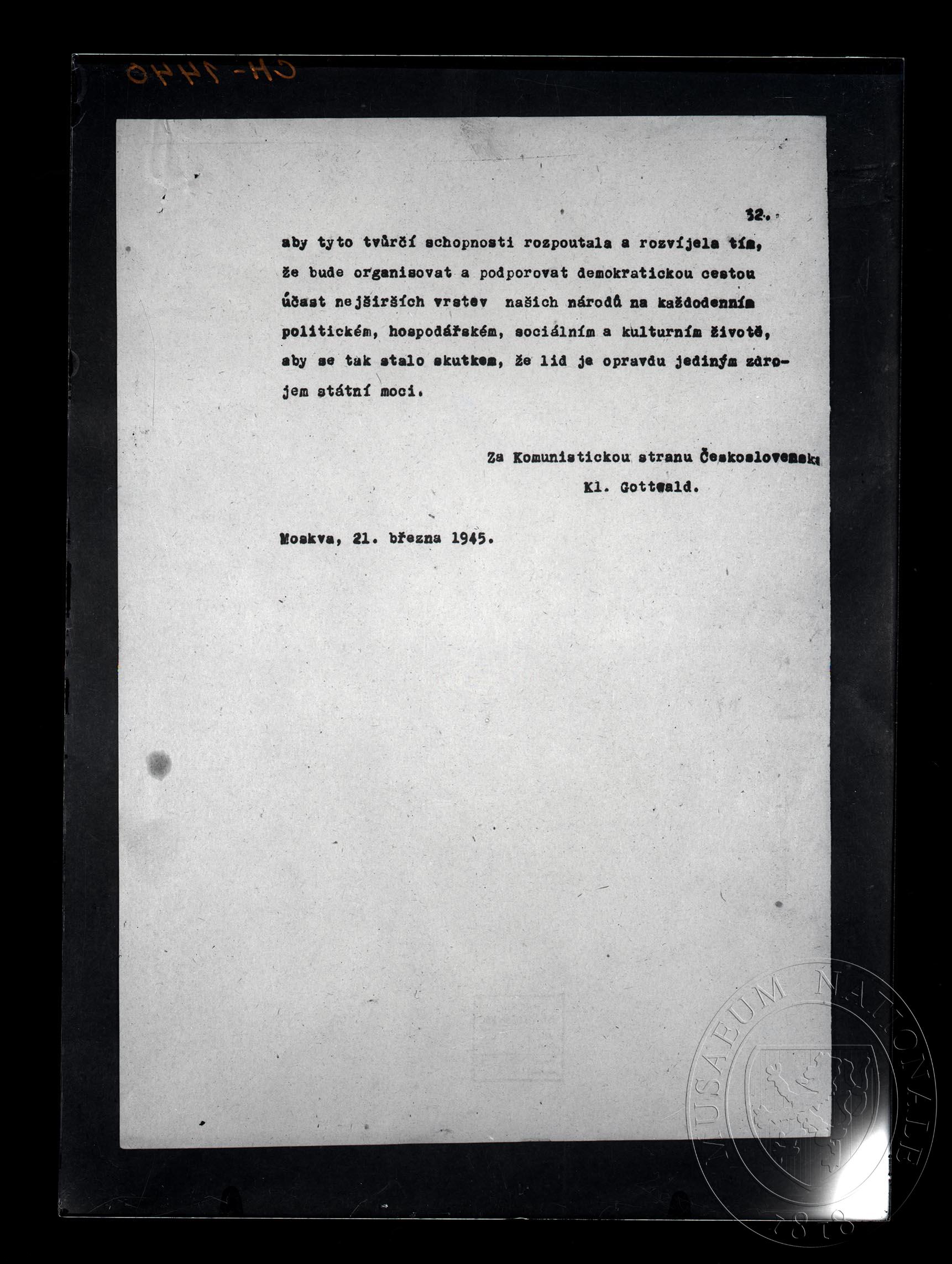 Náhledový obrázek Návrh programu nové československé vlády národní fronty Čechů a Slováků, Klement Gottwald, 21. 3. 1945, dokončení. Strojopis. - 1