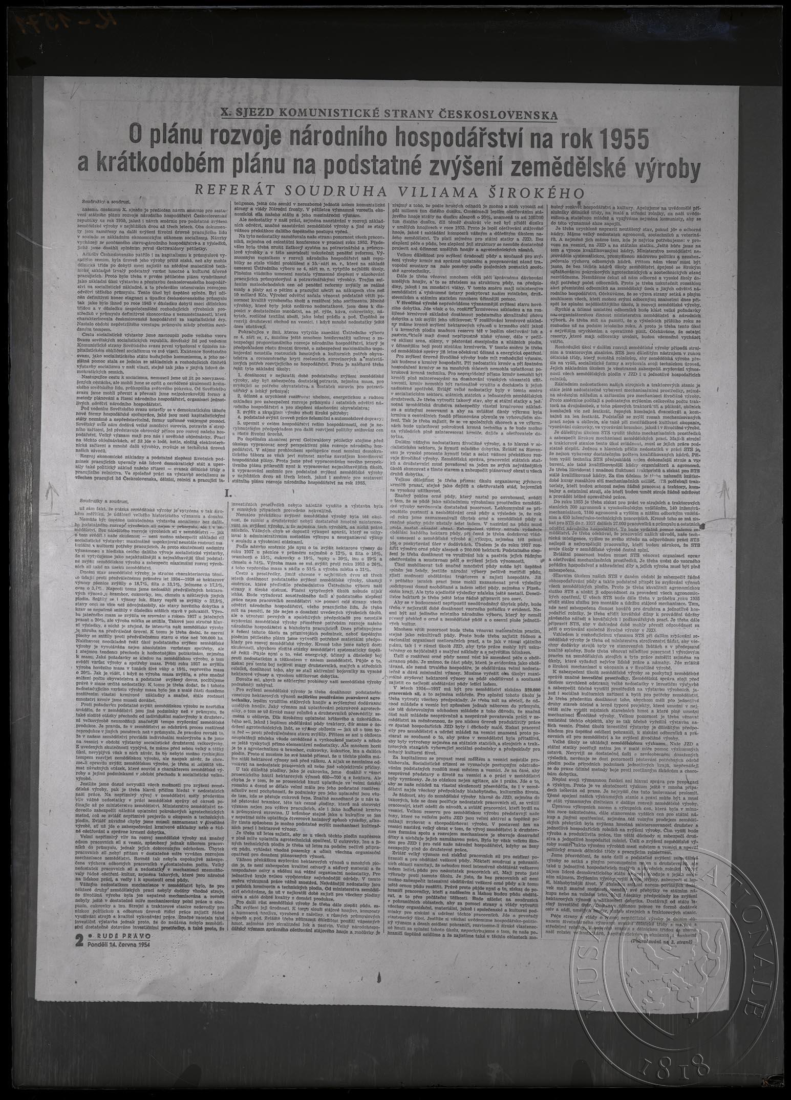 Náhledový obrázek Článek O plánu rozvoje národního hospodářství na rok 1955 a krátkodobém plánu na podstatné zvýšení zemědělské výroby - 1