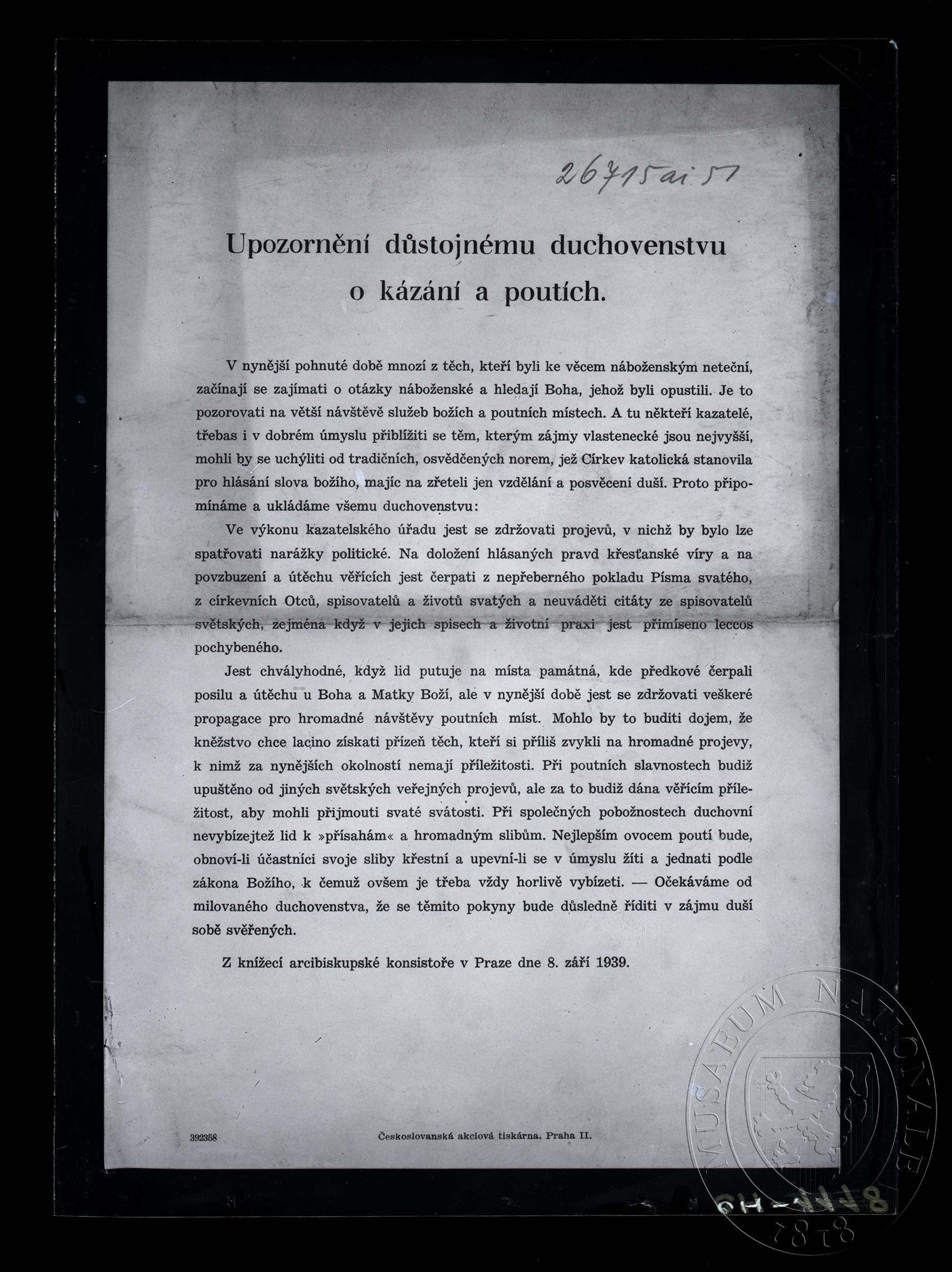 Náhledový obrázek Upozornění důstojnému duchovenstvu o kázání a poutích. - 1