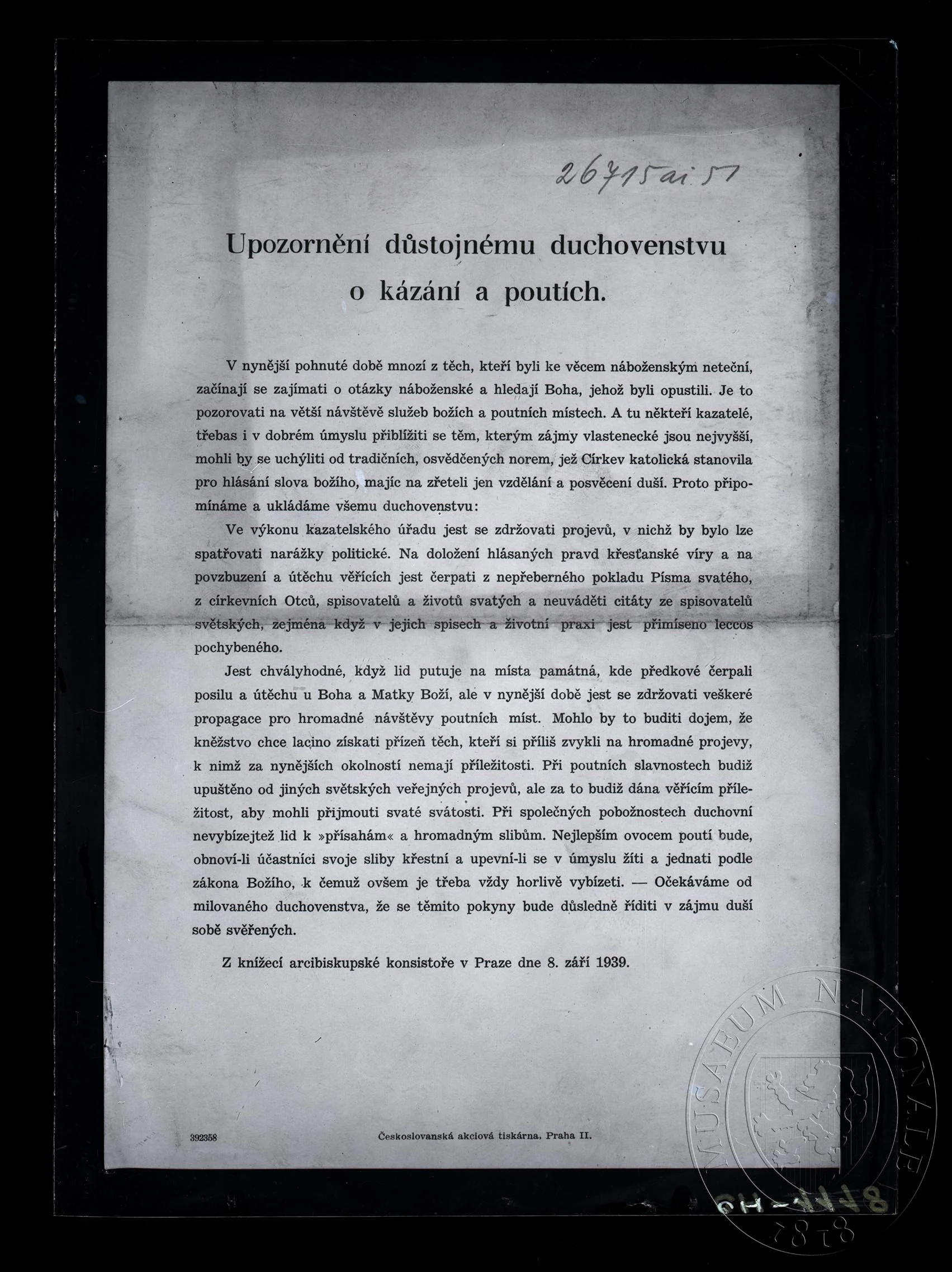 Obrázek Upozornění důstojnému duchovenstvu o kázání a poutích.